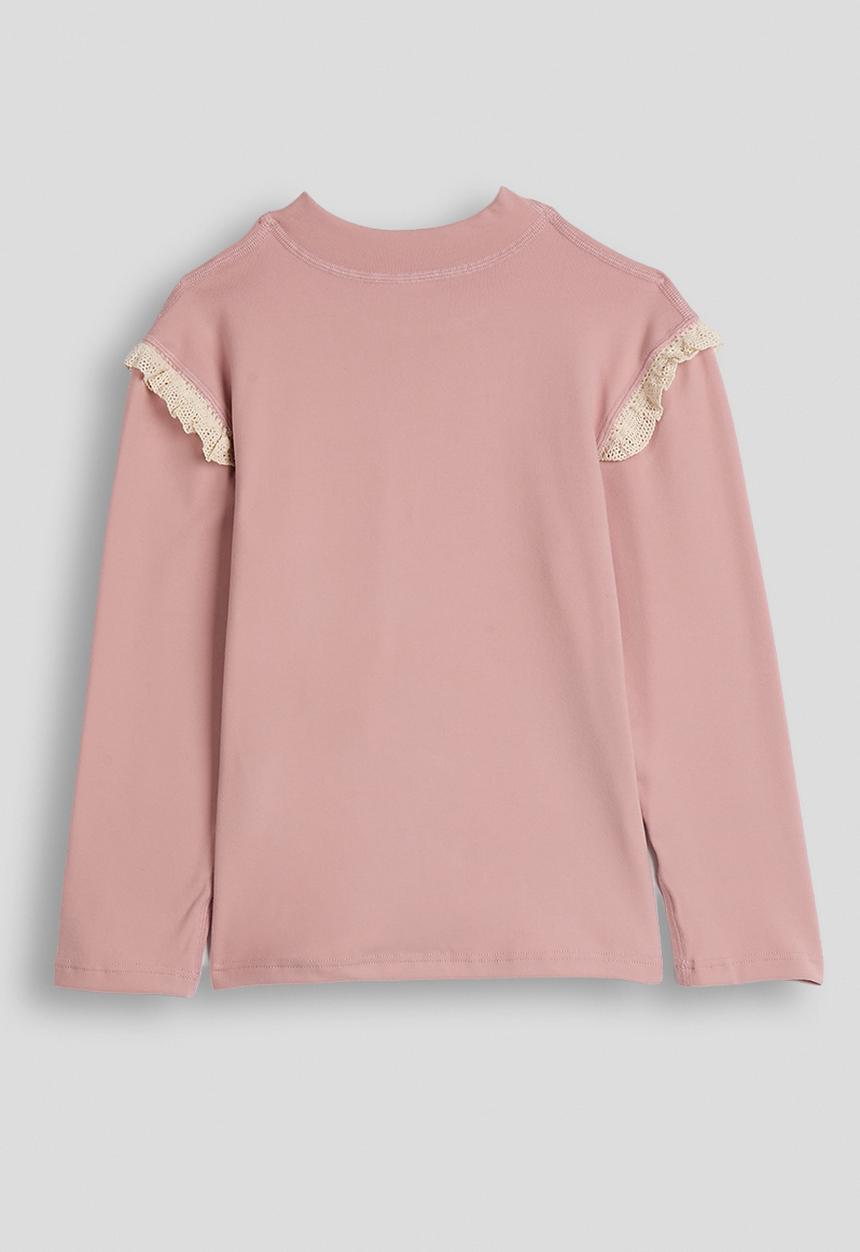 Crochet ruffle top with embroidered bow - pink