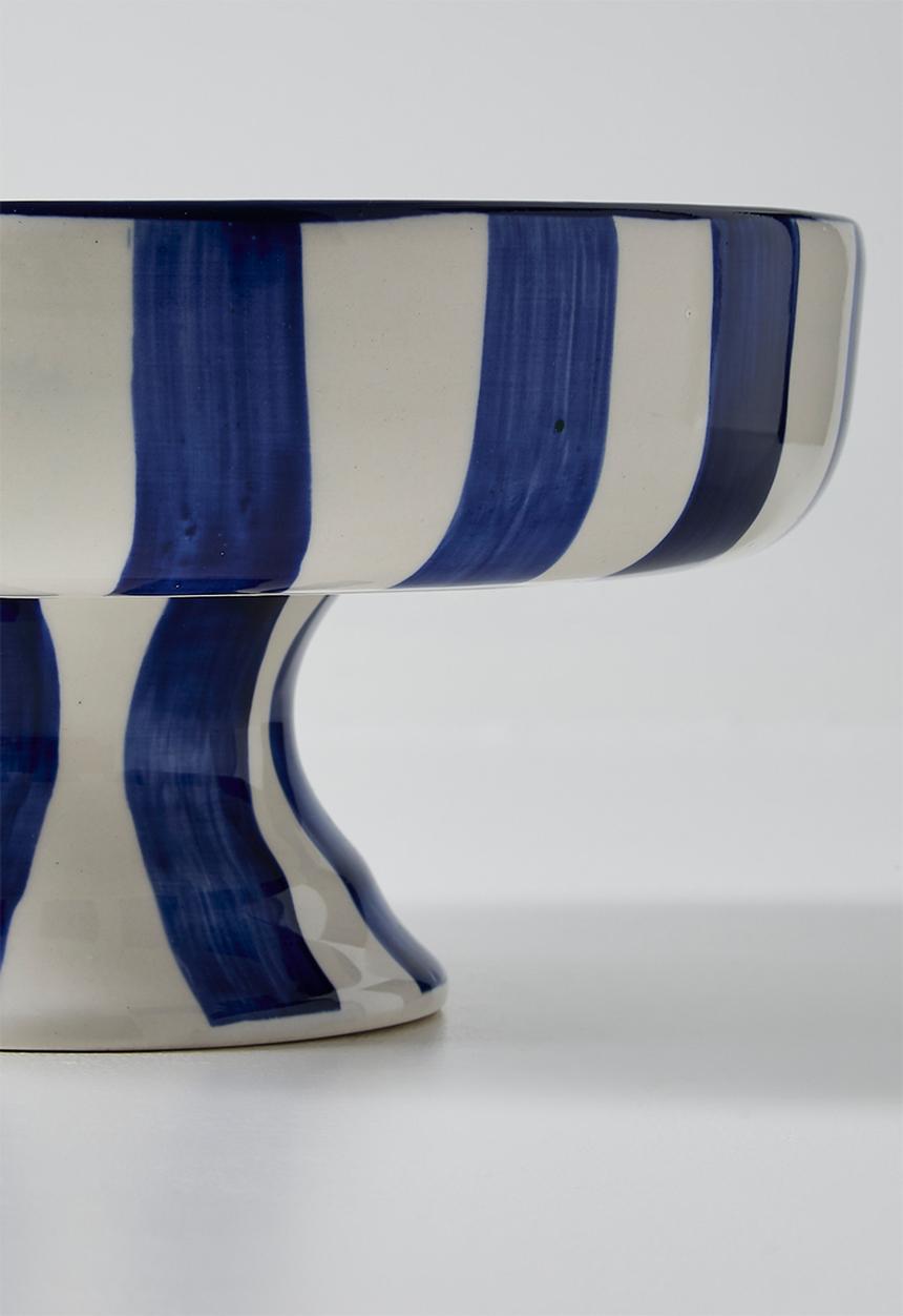 Urchin Art - Serving Bowl Short w stand - blue stripes