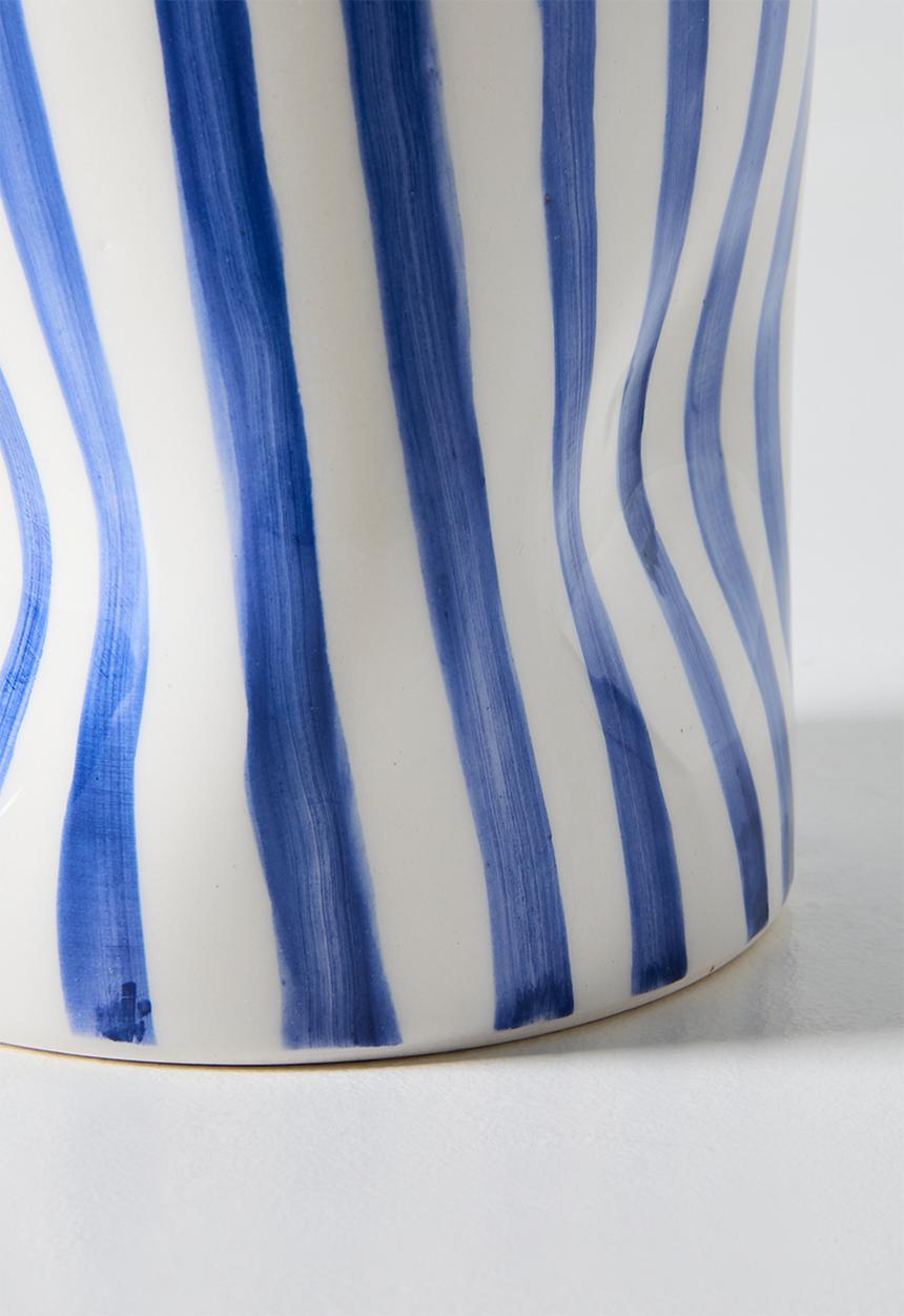 Urchin Art - Cylinder Squashed Vase Evil Eye - Blue Stripes
