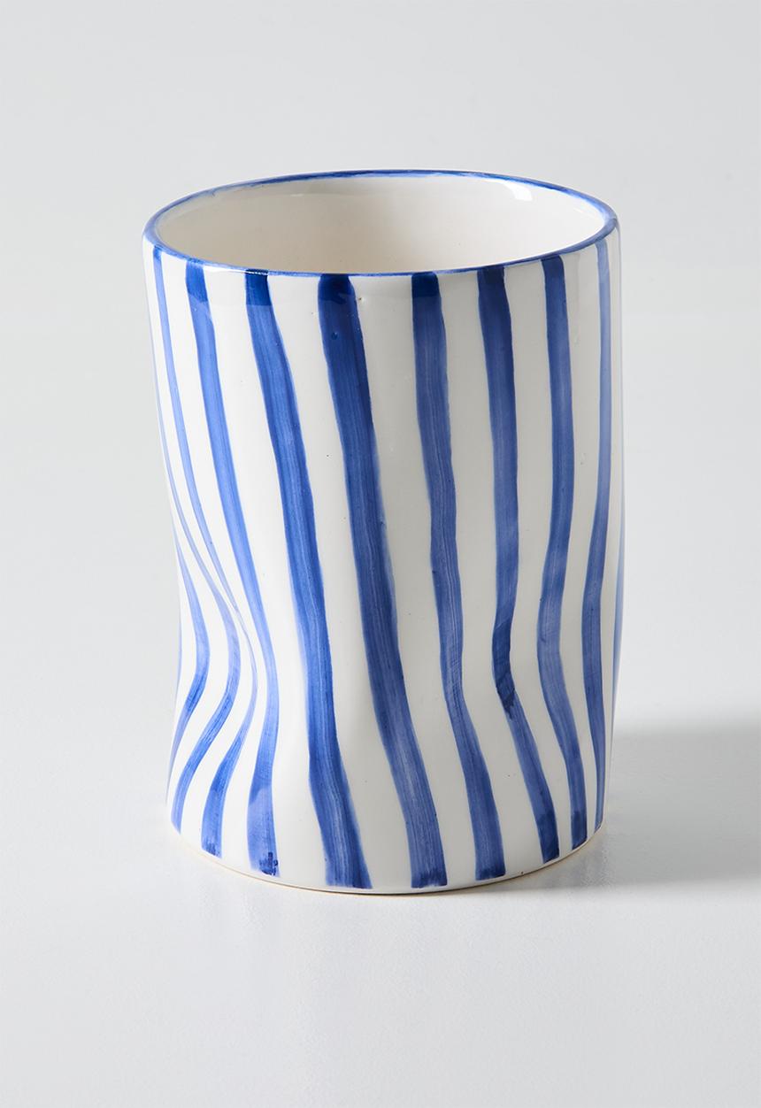 Urchin Art - Cylinder Squashed Vase Evil Eye - Blue Stripes