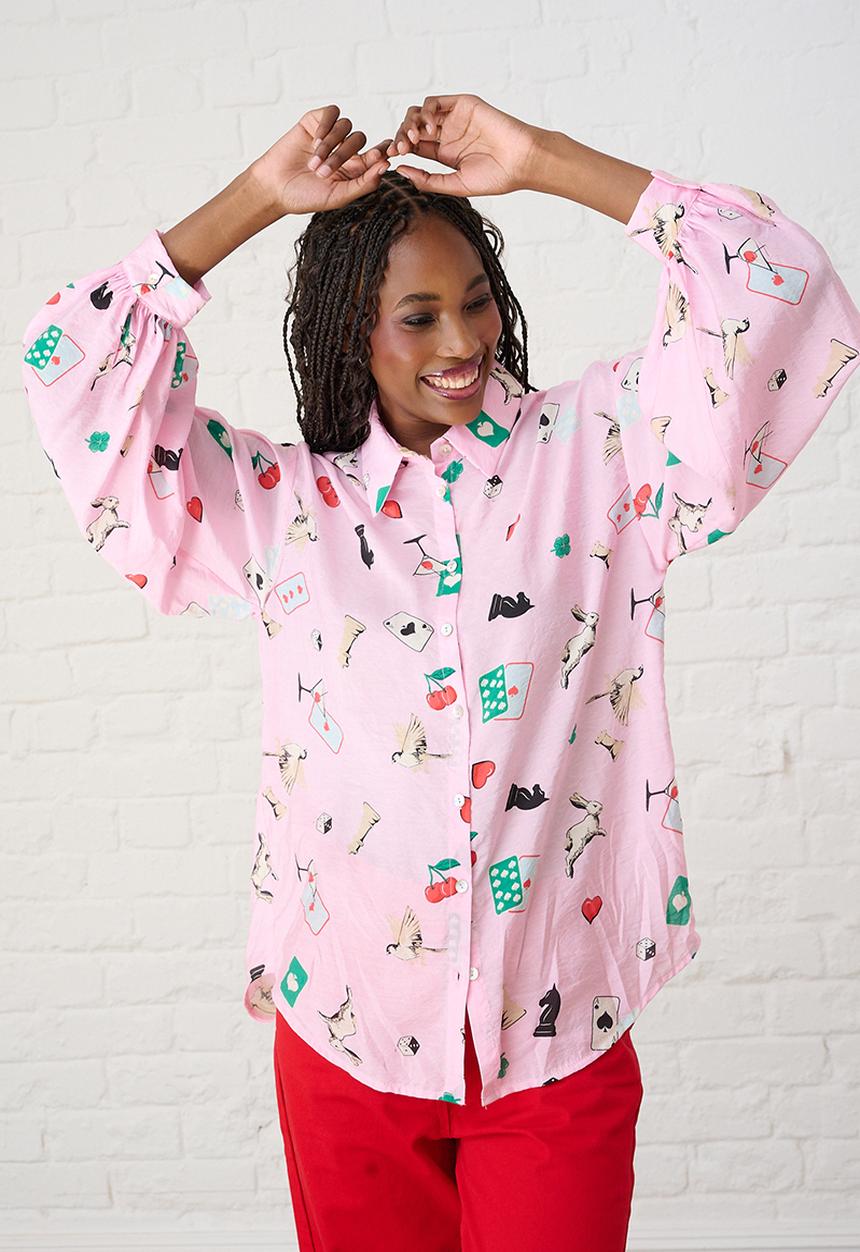 Me&B - Bellow Sleeve Shirt in Players Print - Light Pink