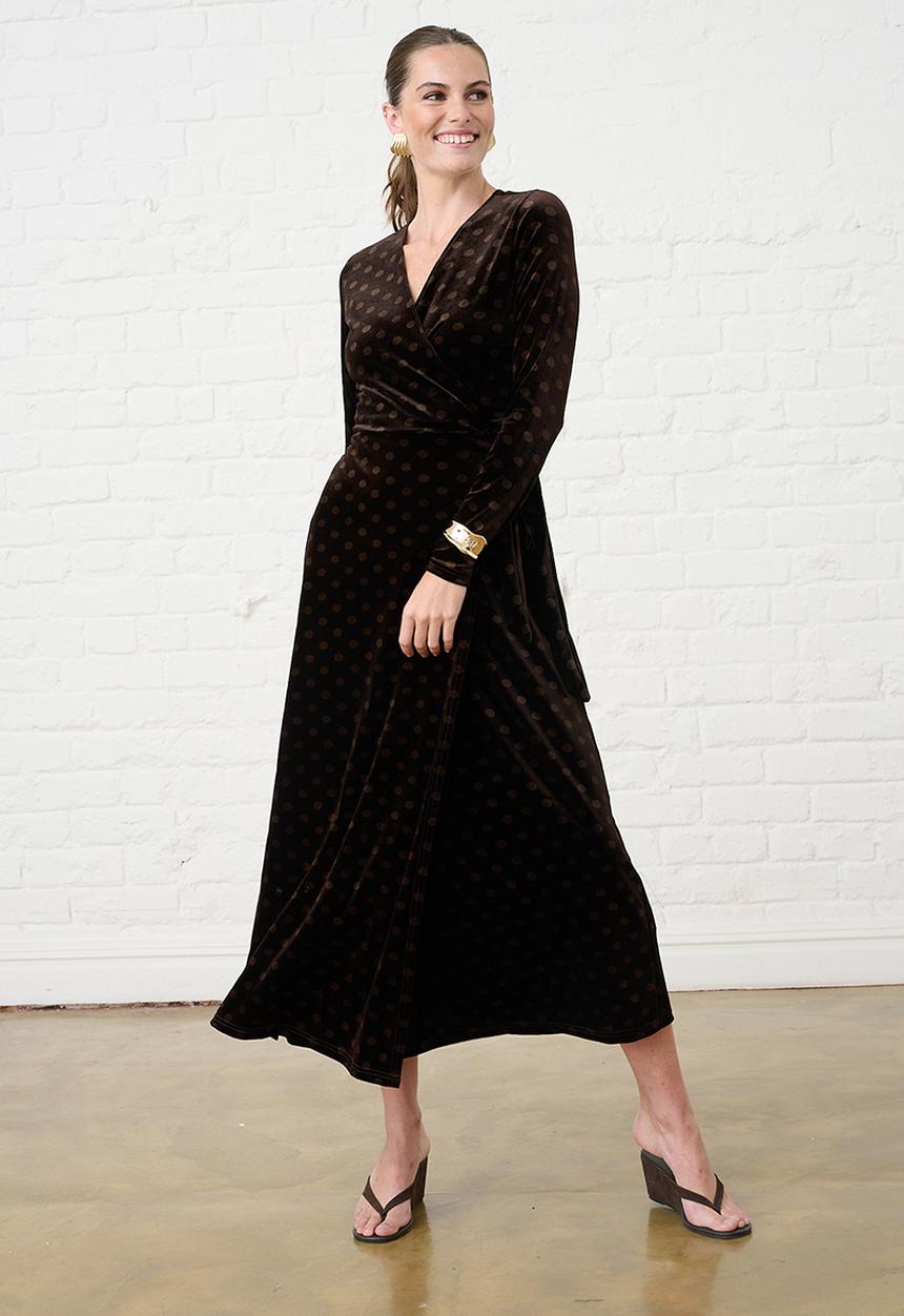 Me&B - Velvet Choc Spot Wrap Dress
