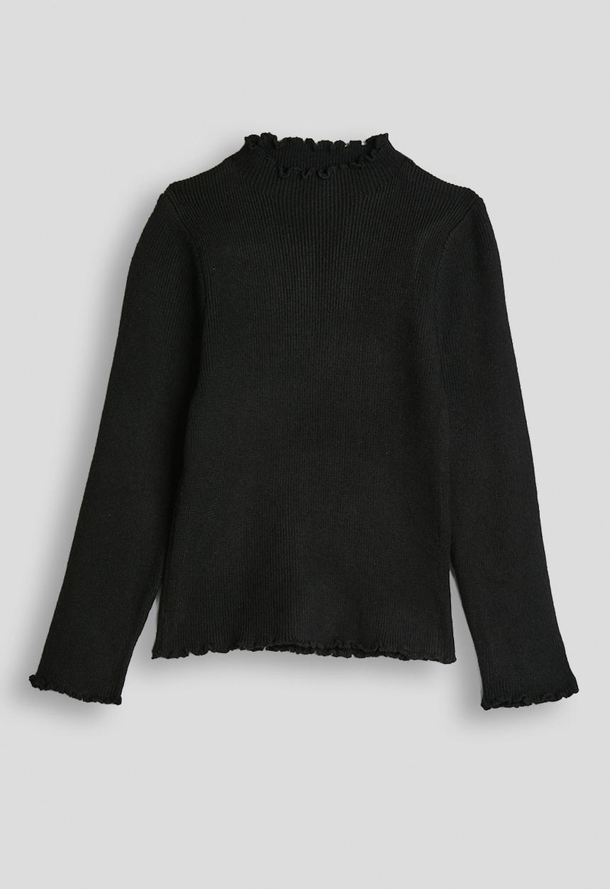 Pop Candy - Ribbed lettuce hem long sleeved top - black