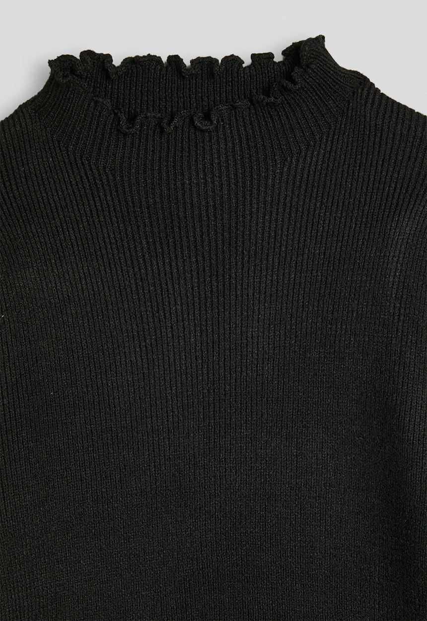 Pop Candy - Ribbed lettuce hem long sleeved top - black