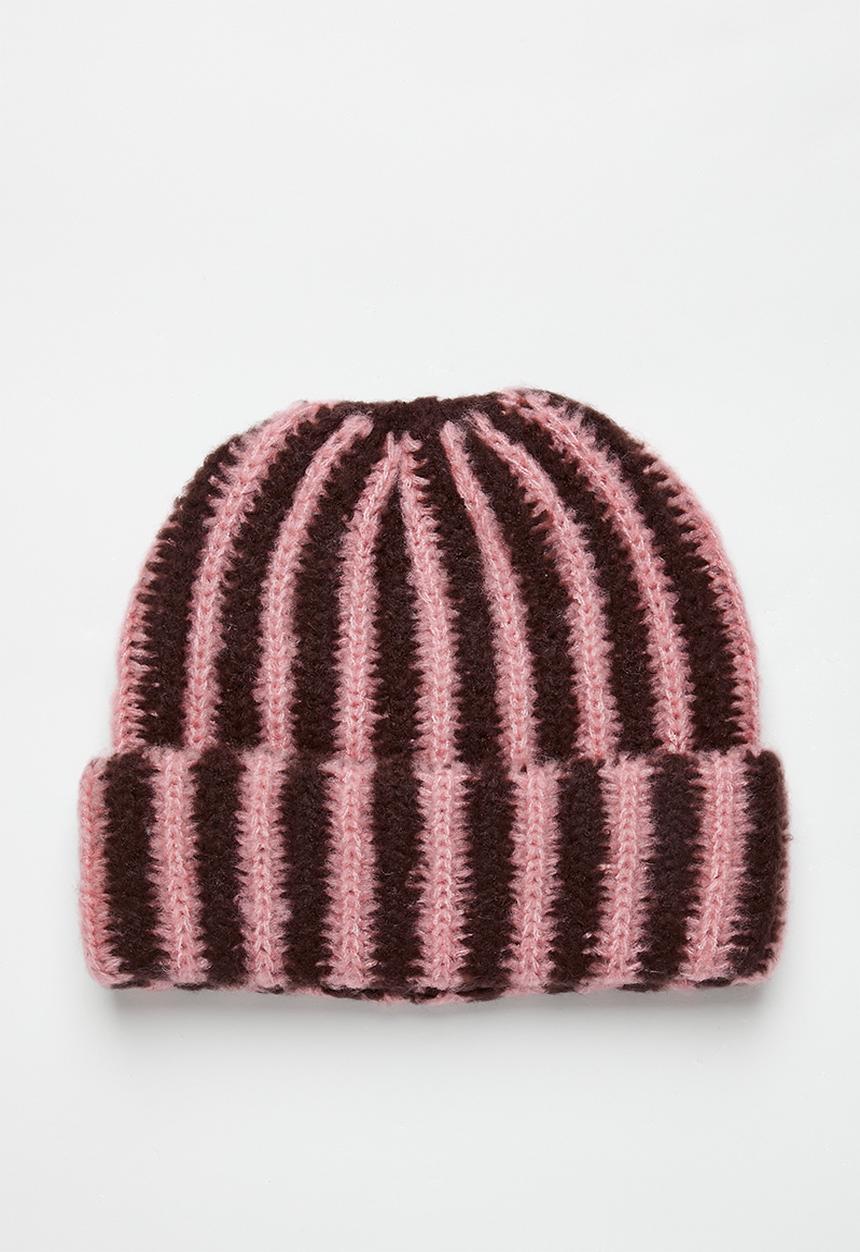 Tessa Design - Celestine Stripe Fluffy Turn Up Beanie - brown & pink