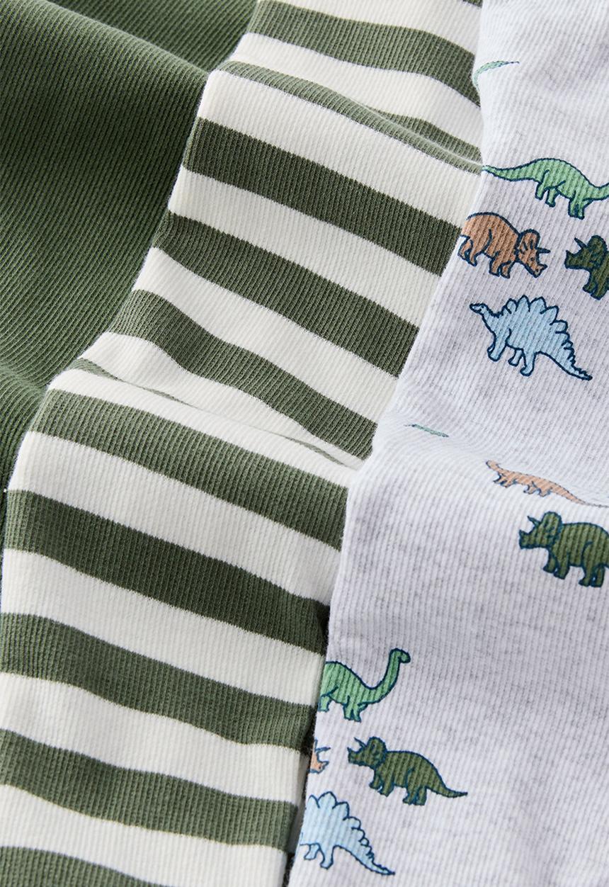 Cotton On - The Long Sleeve Rib Romper 3 Pack - Khaki Green/Ditsy Dinos