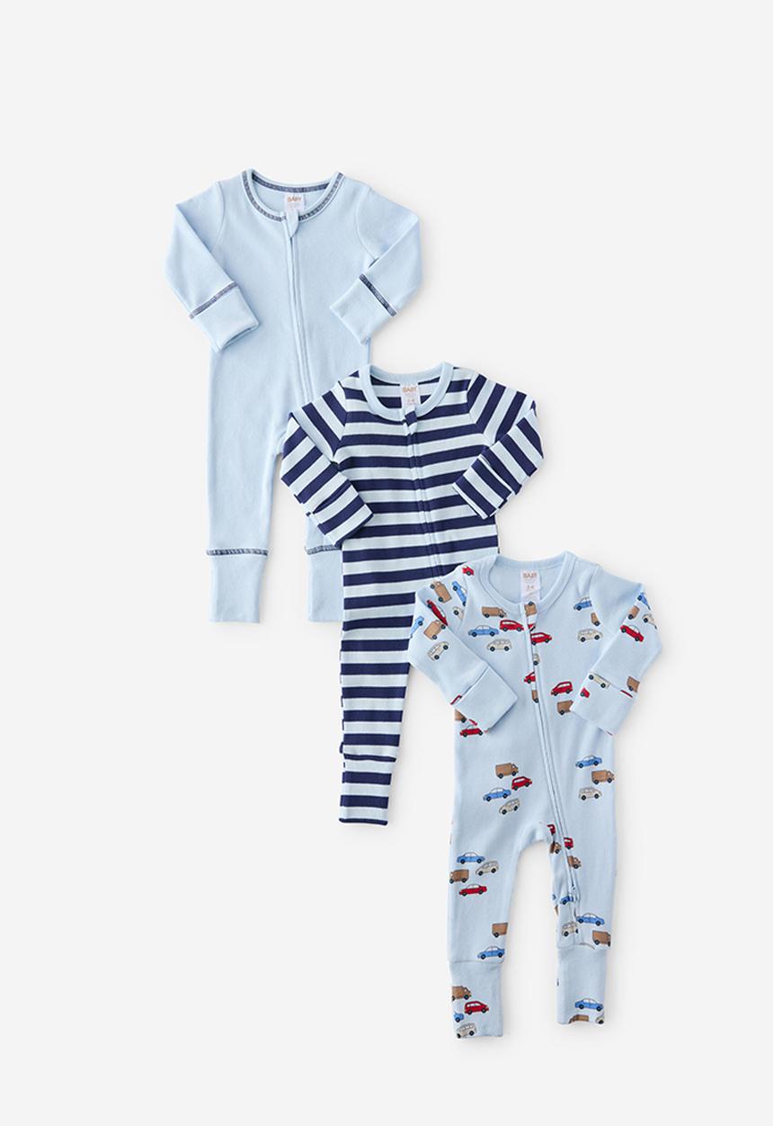 Cotton On - The Long Sleeve Rib Romper 3 Pack - Blue Whisper/Tiny Cruiser