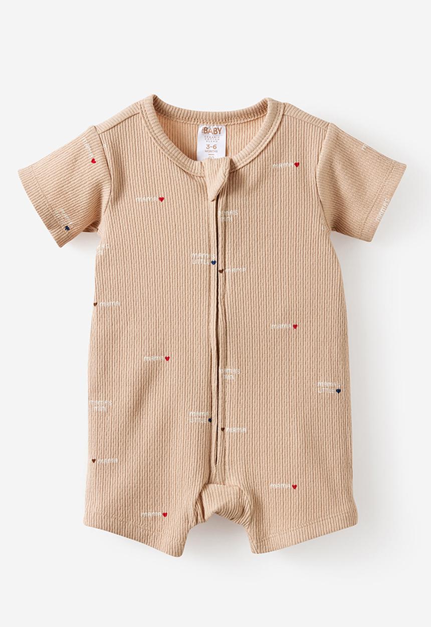 Cotton On - Organic Pointelle Short Sleeve Zip Romper - Latte Cream/Mama'S Mini