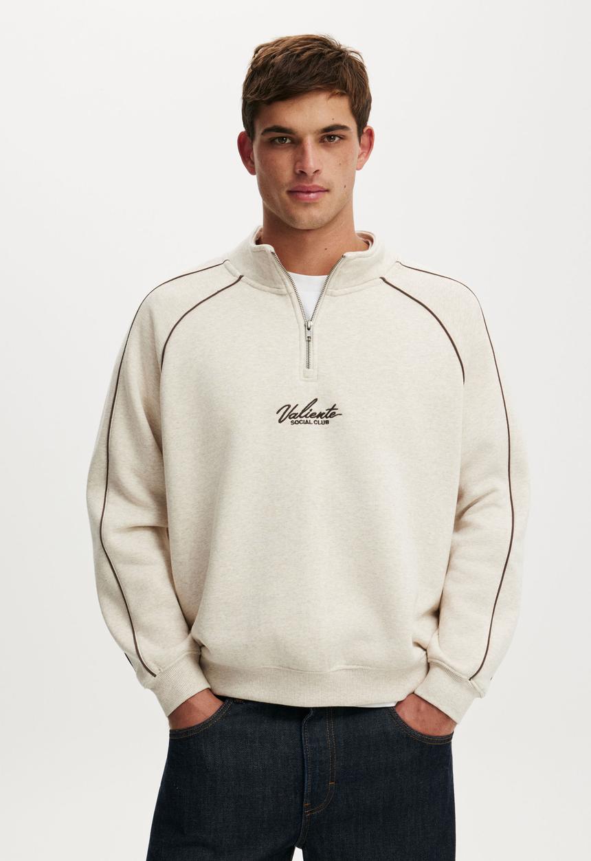 1 4 Zip Graphic Fleece - Oatmeal Marle / Dark Brown / Valiente