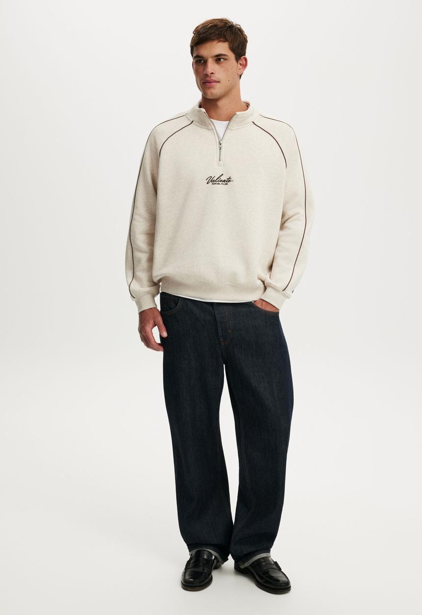 Cotton On - 1/4 Zip Graphic Fleece - Oatmeal Marle/Dark Brown/Valiente