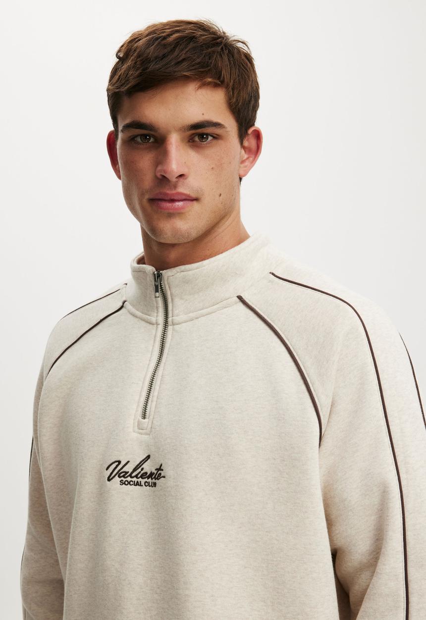 Cotton On - 1/4 Zip Graphic Fleece - Oatmeal Marle/Dark Brown/Valiente