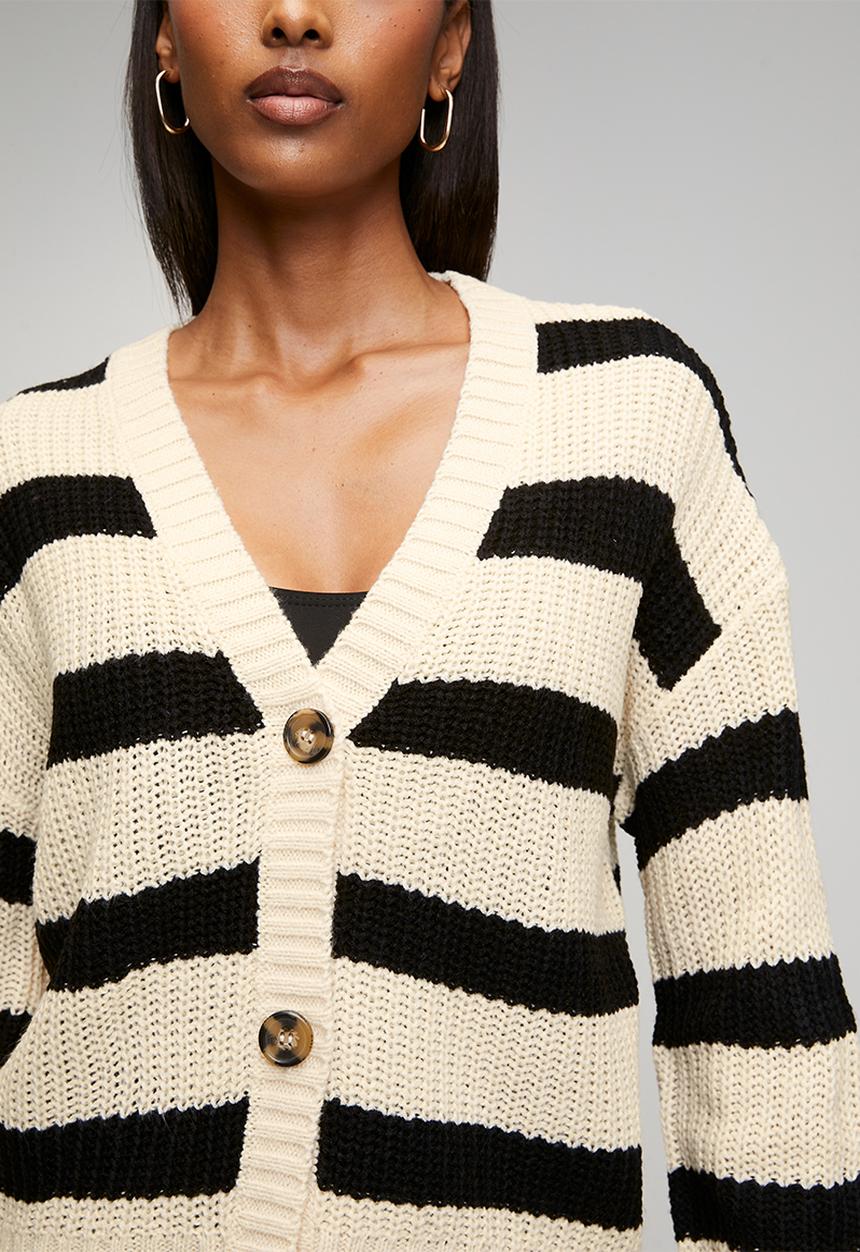 Brave Soul - Fisherman Rib Knit Stripe Cardi With V-Neck - Oatmeal/Black