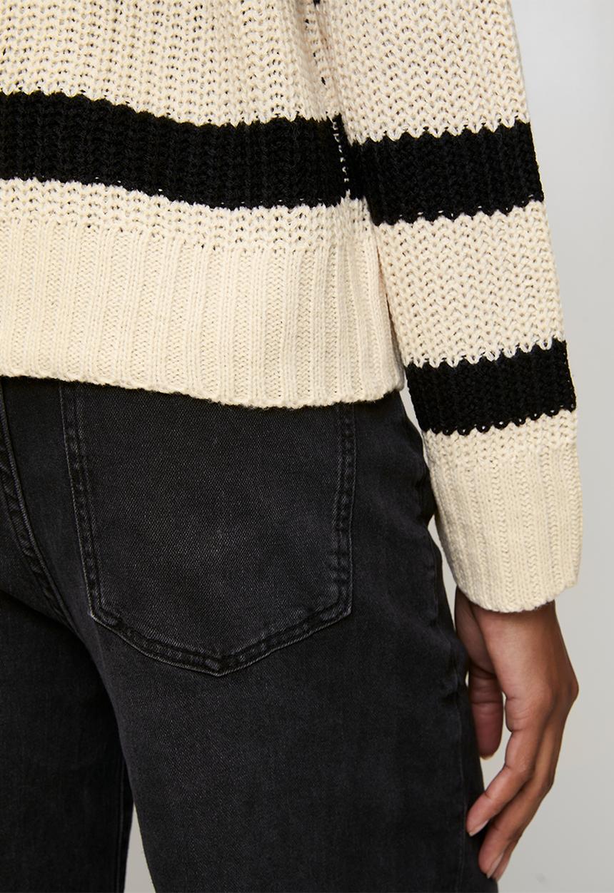 Brave Soul - Fisherman Rib Knit Stripe Cardi With V-Neck - Oatmeal/Black