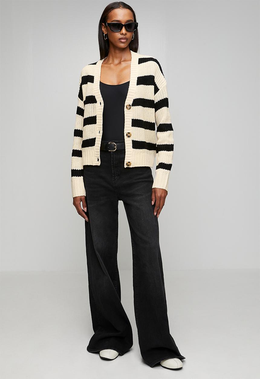 Brave Soul - Fisherman Rib Knit Stripe Cardi With V-Neck - Oatmeal/Black