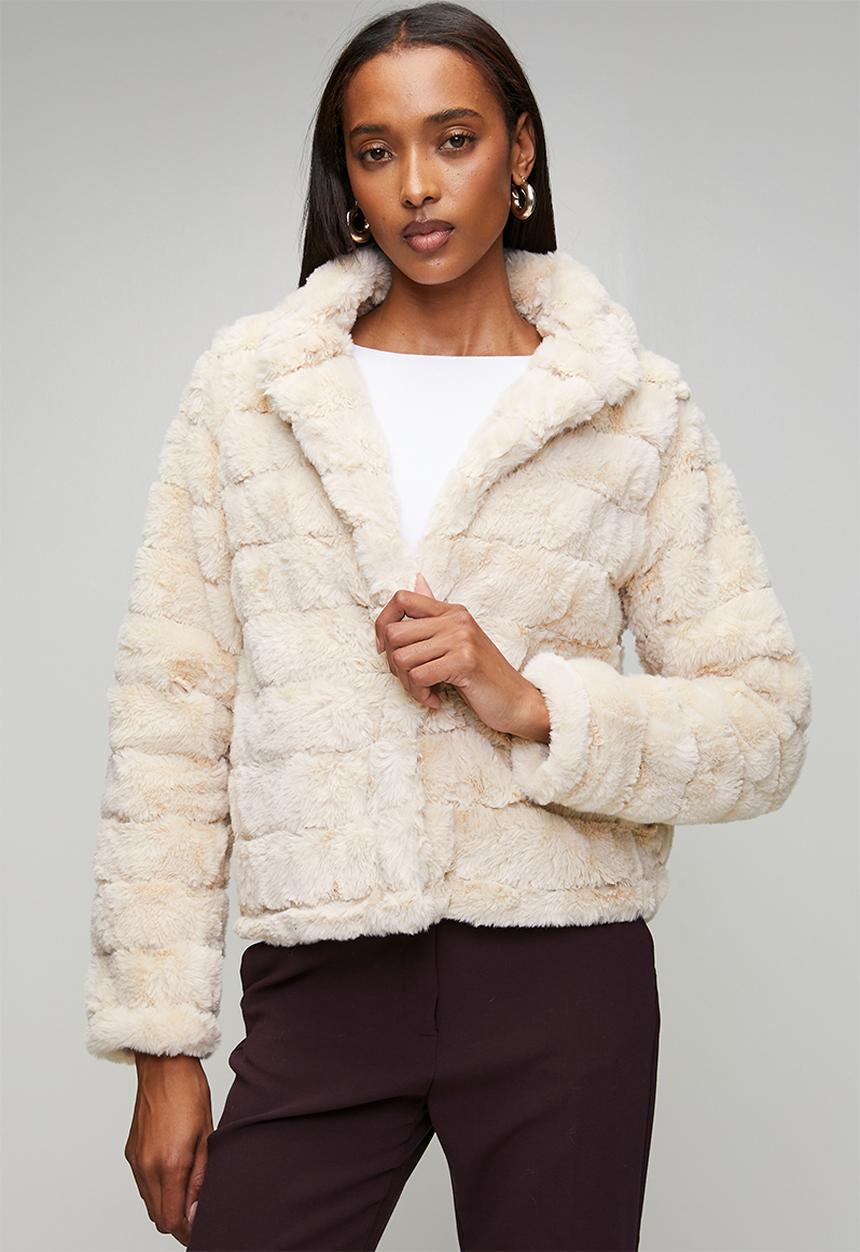 L/S Faux Fur One Button Jacket - Beige