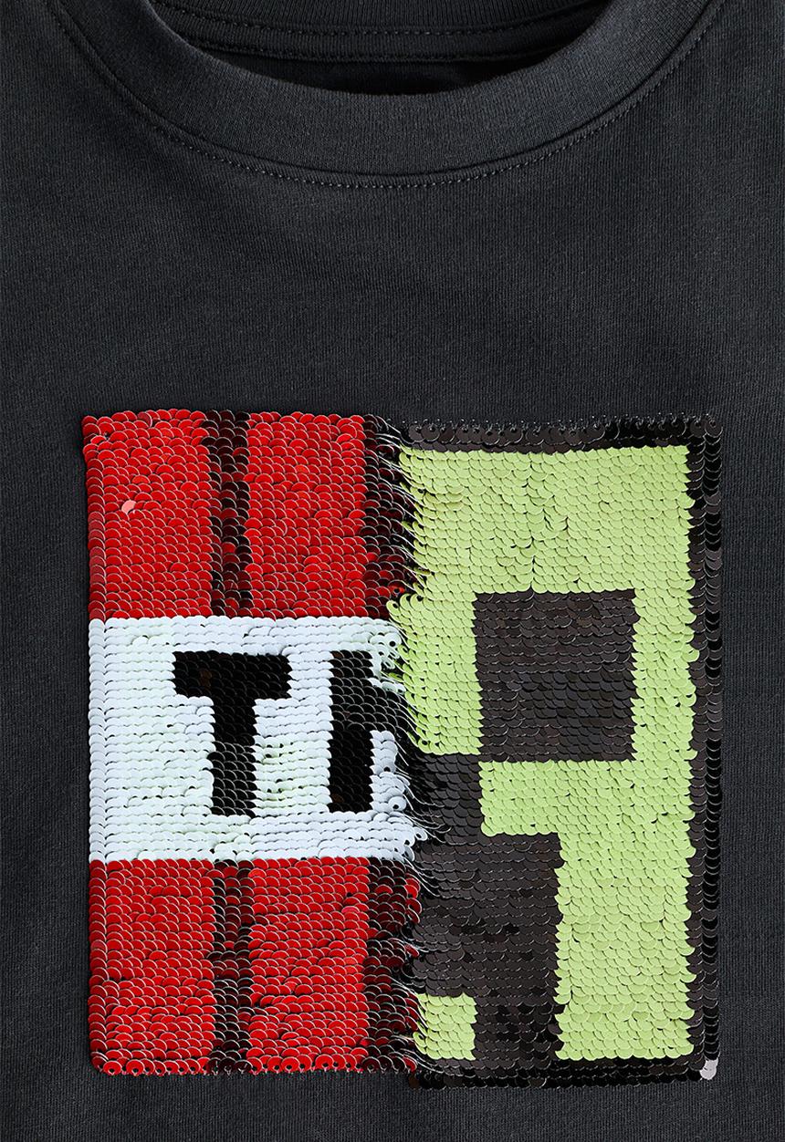 H&M - Reversible sequin T-shirt - dark grey/minecraft