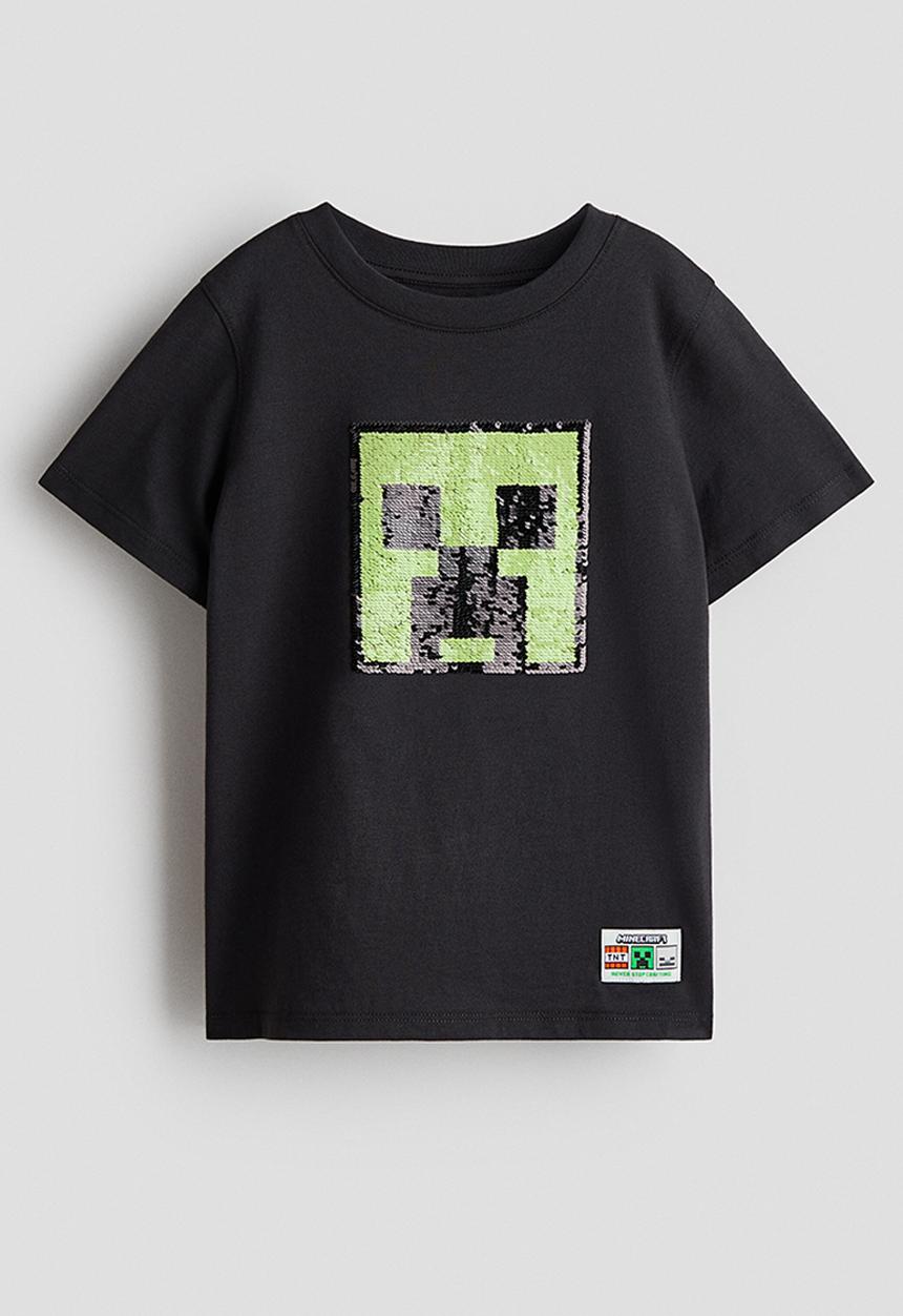 H&M - Reversible sequin T-shirt - dark grey/minecraft