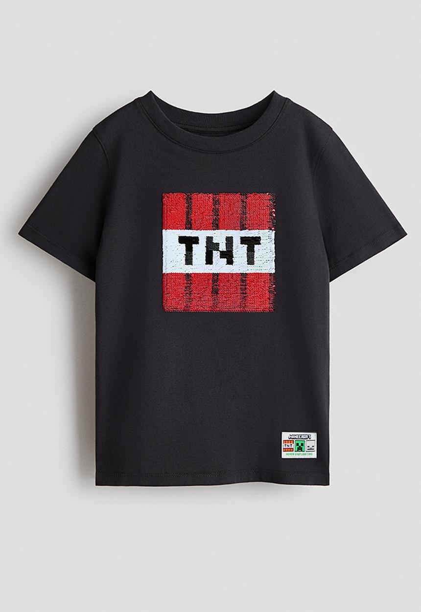 H&M - Reversible sequin T-shirt - dark grey/minecraft