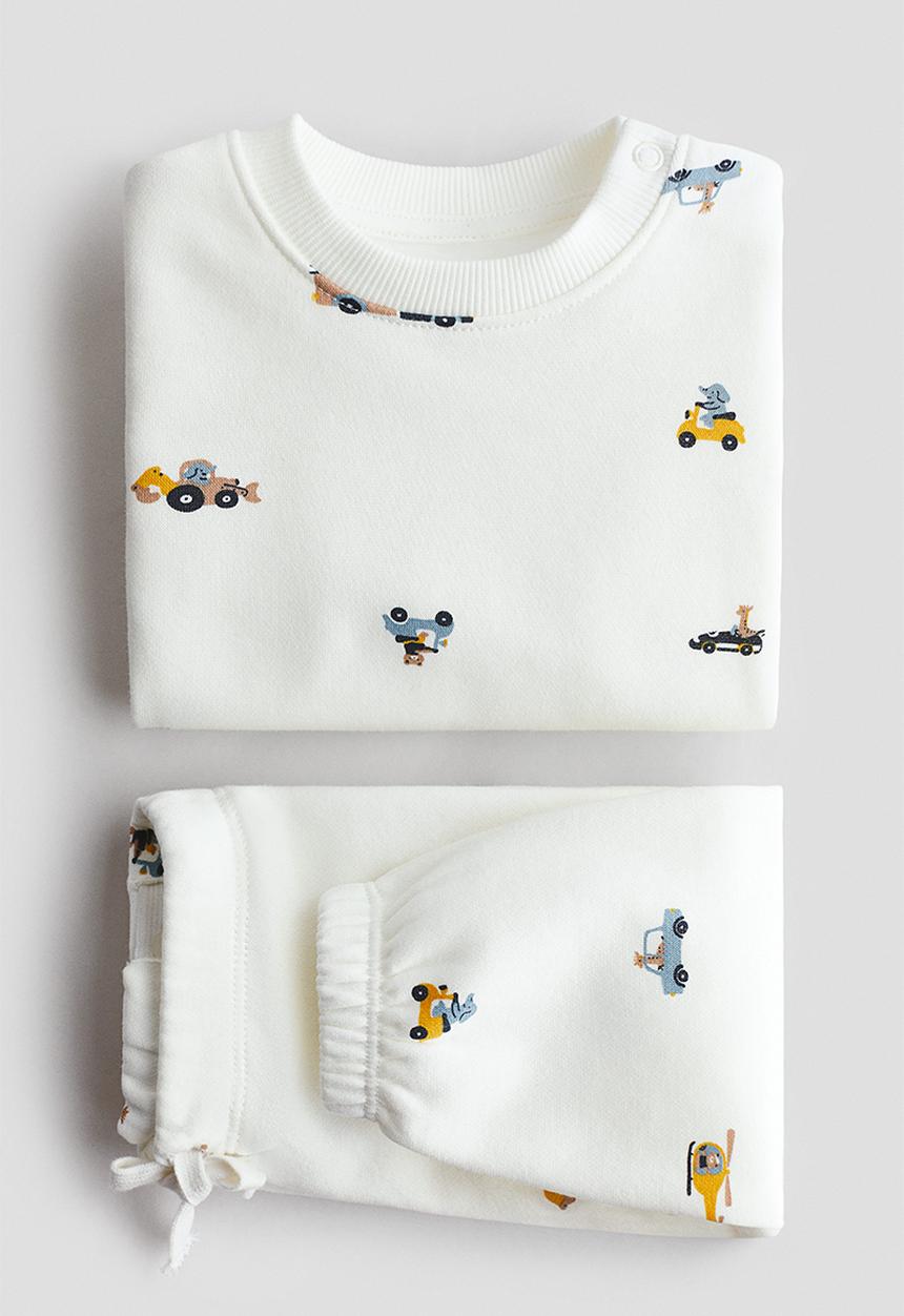 H&M - 2-piece printed sweatshirt set - cream/vehicles