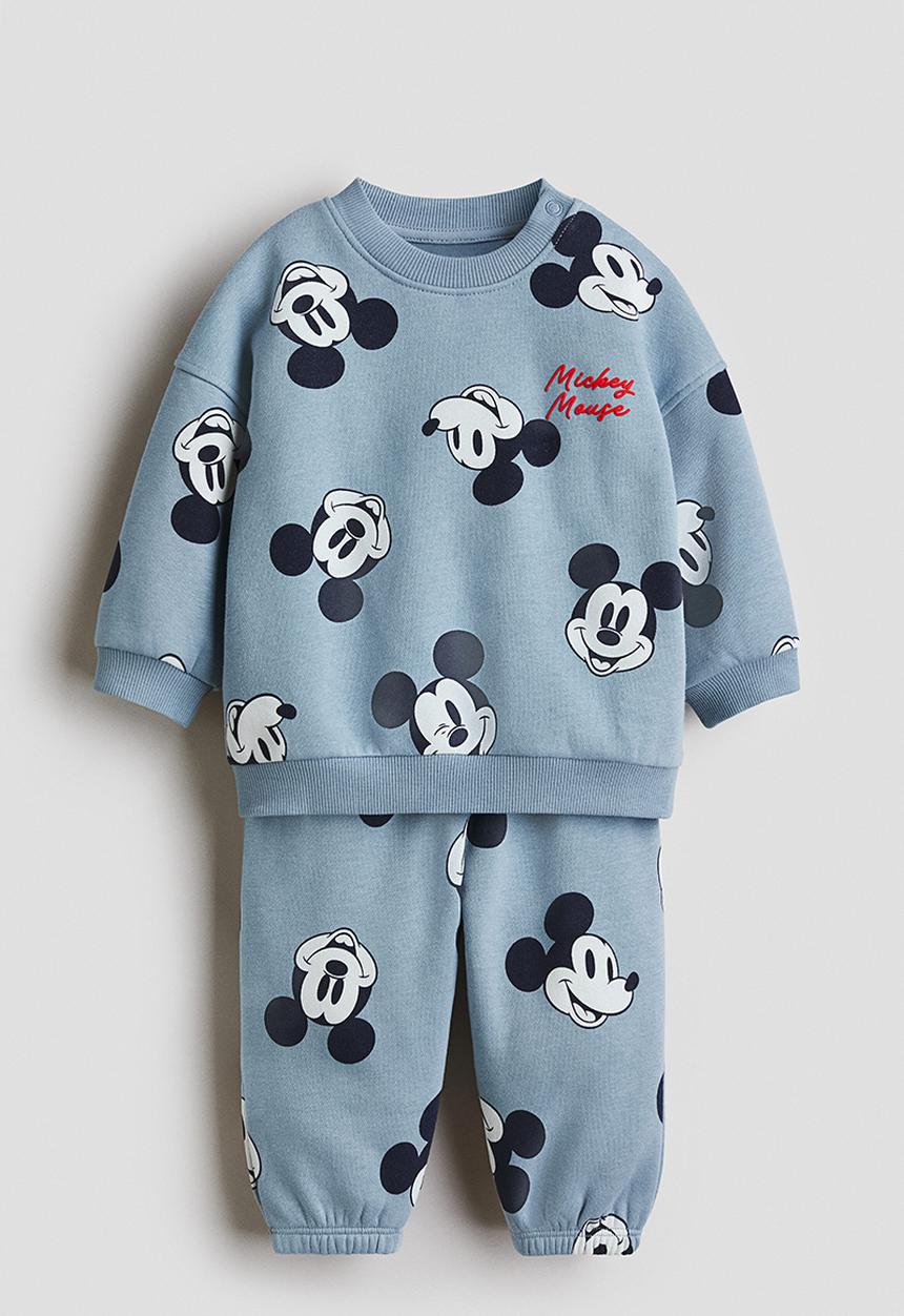 H&M - 2-piece printed sweatshirt set - dusty blue/mickey mouse