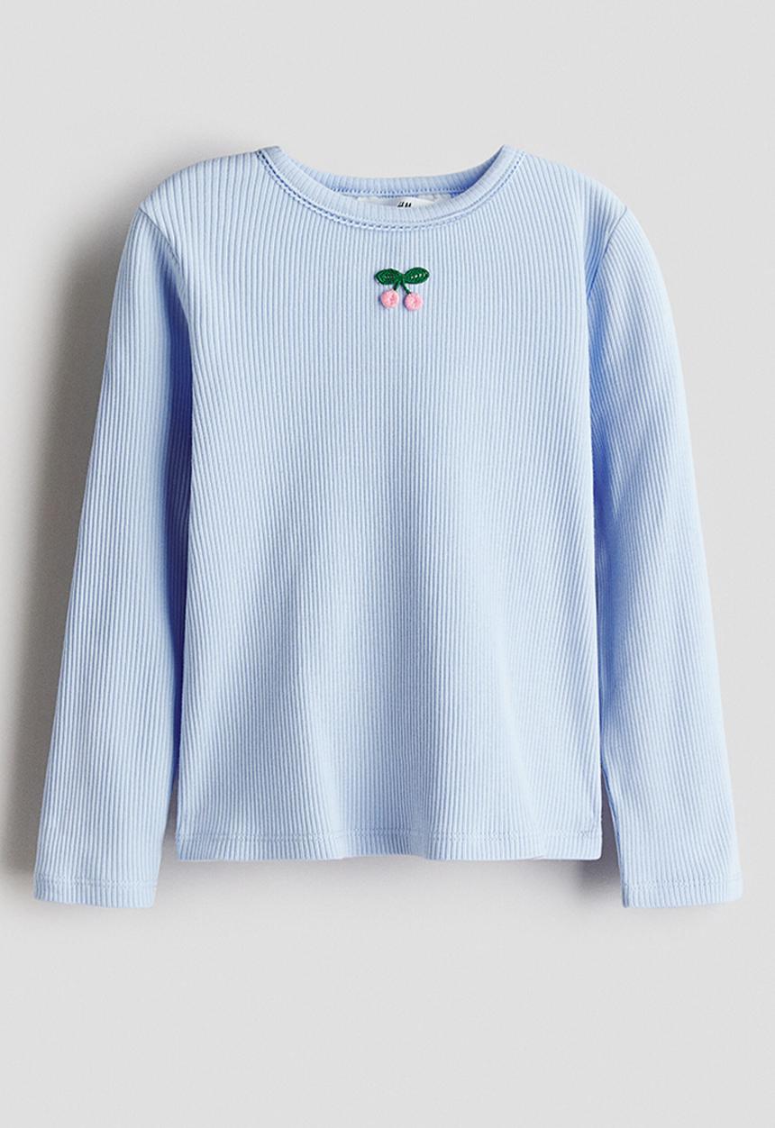 H&M - Ribbed cotton top - light blue/cherries