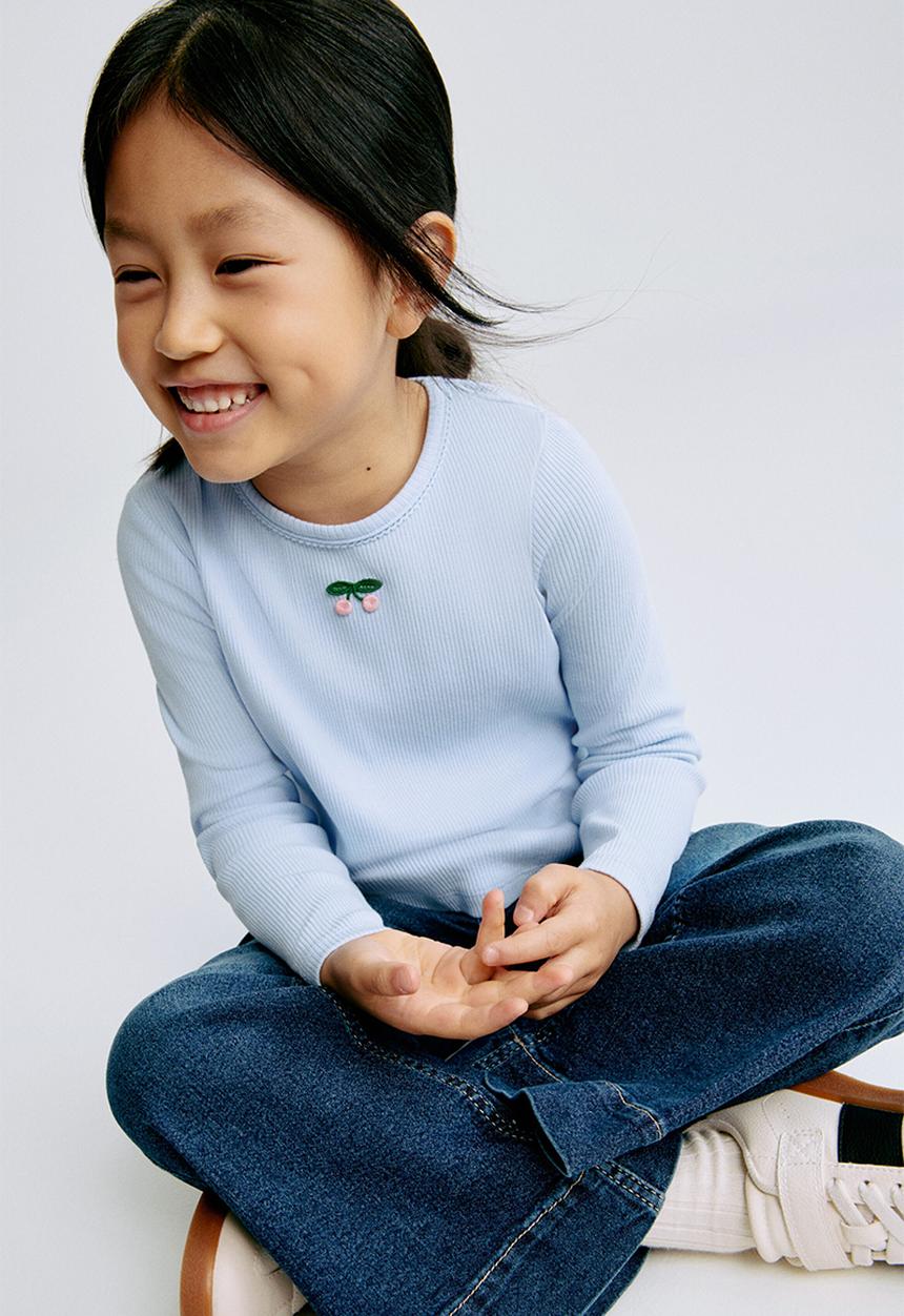 H&M - Ribbed cotton top - light blue/cherries