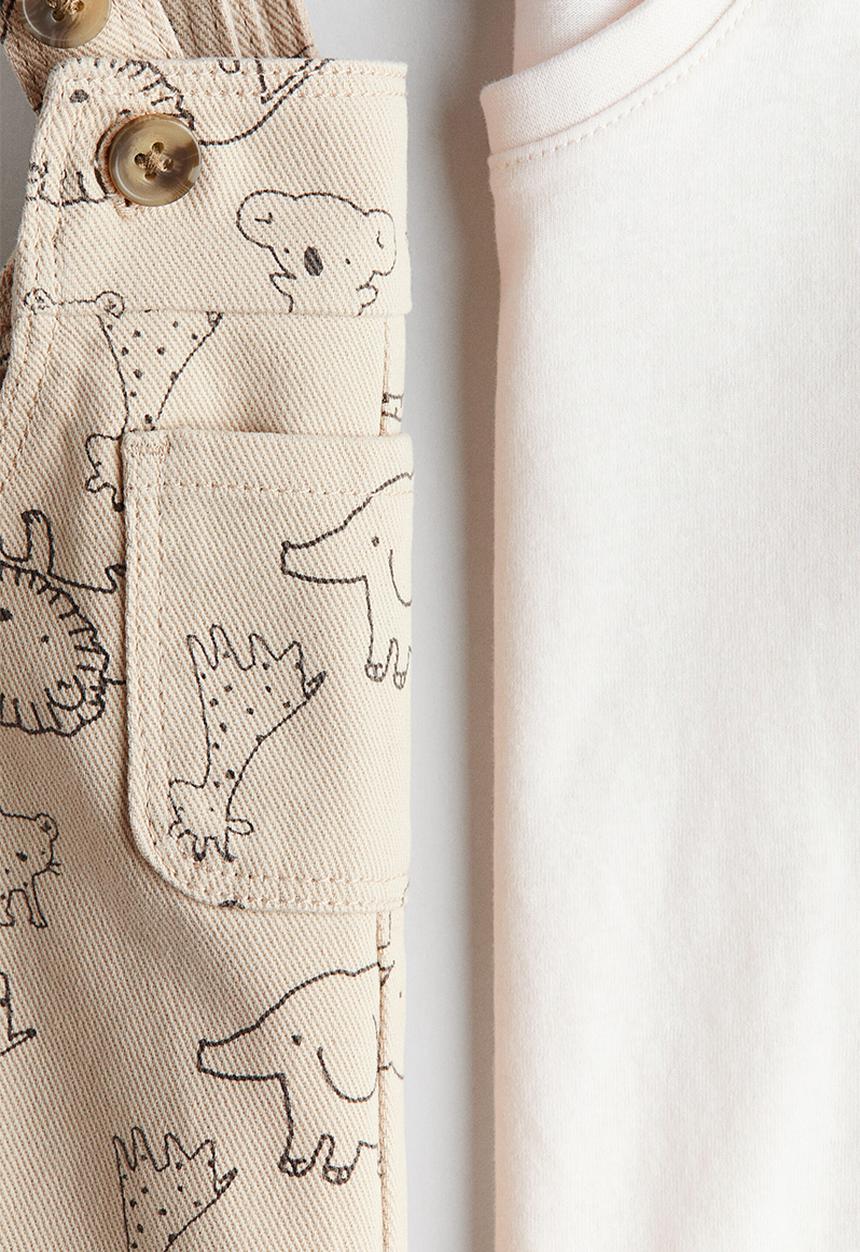 H&M - 2-Piece dungarees and top set - light beige/animals