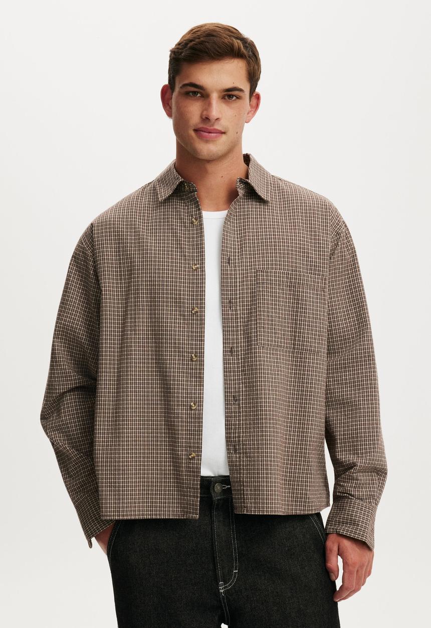 Cotton On - Hudson long sleeve shirt - chocolate mini check