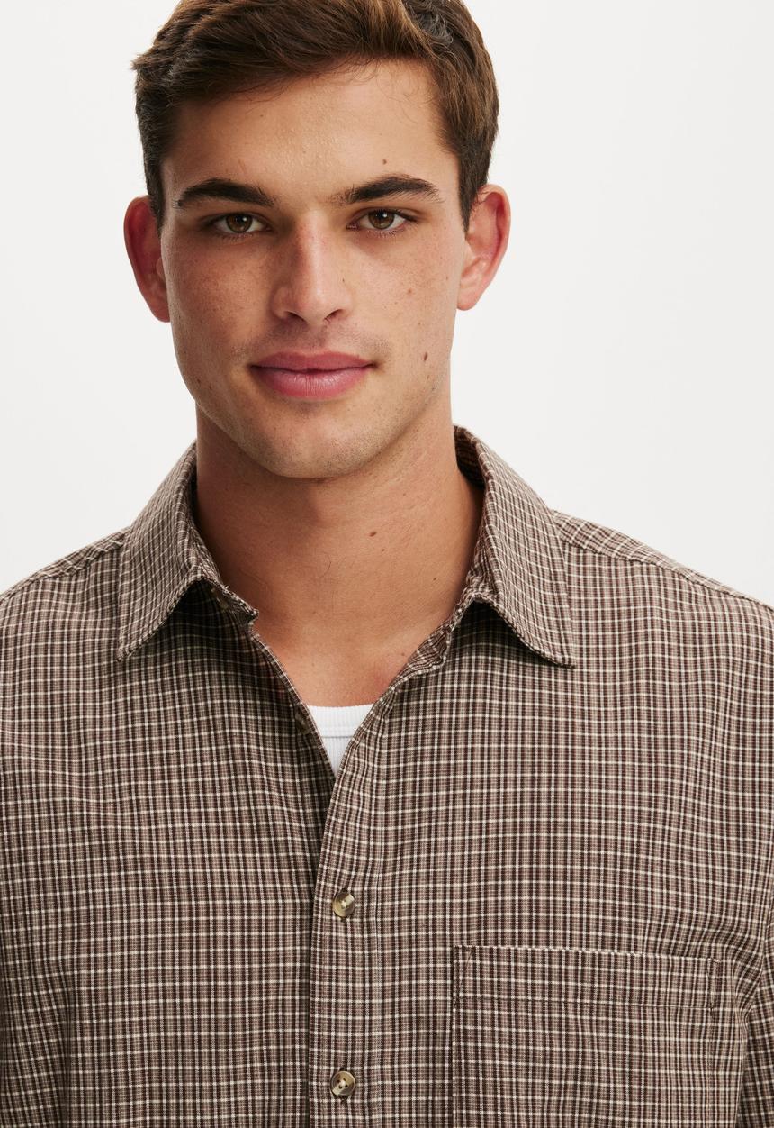 Cotton On - Hudson long sleeve shirt - chocolate mini check