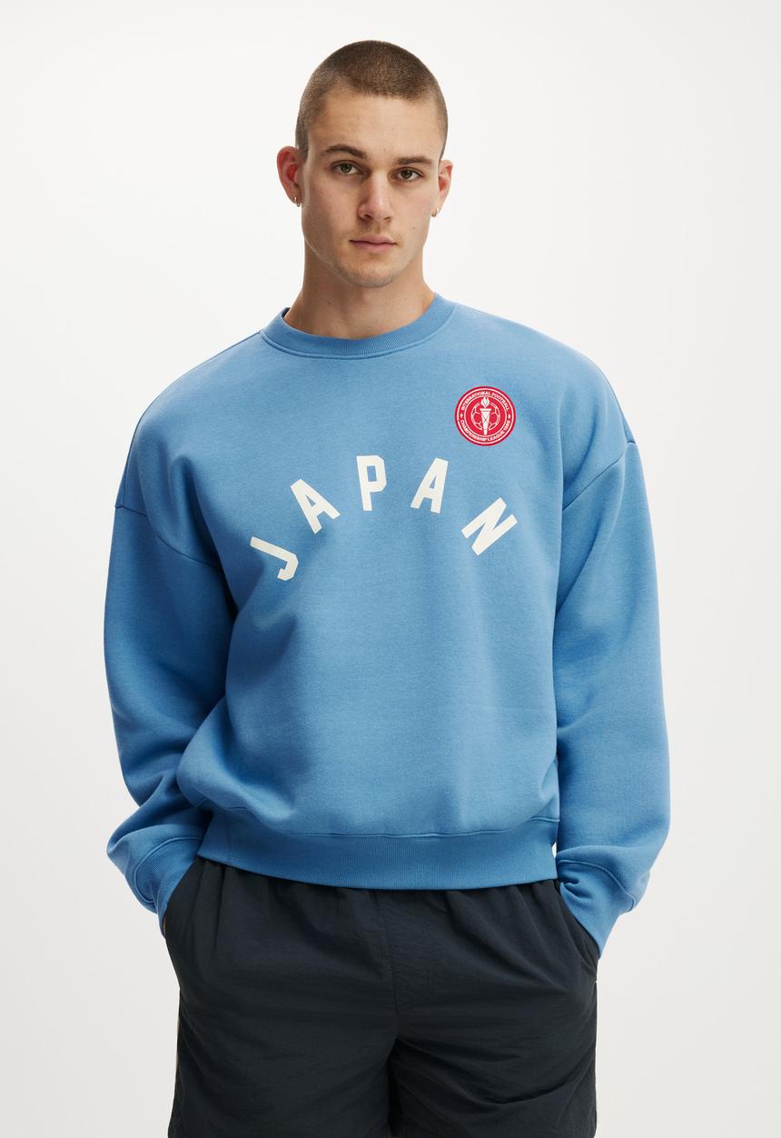 Cotton On - Oversized Graphic Crew Sweater - Dusk Blue / Japan