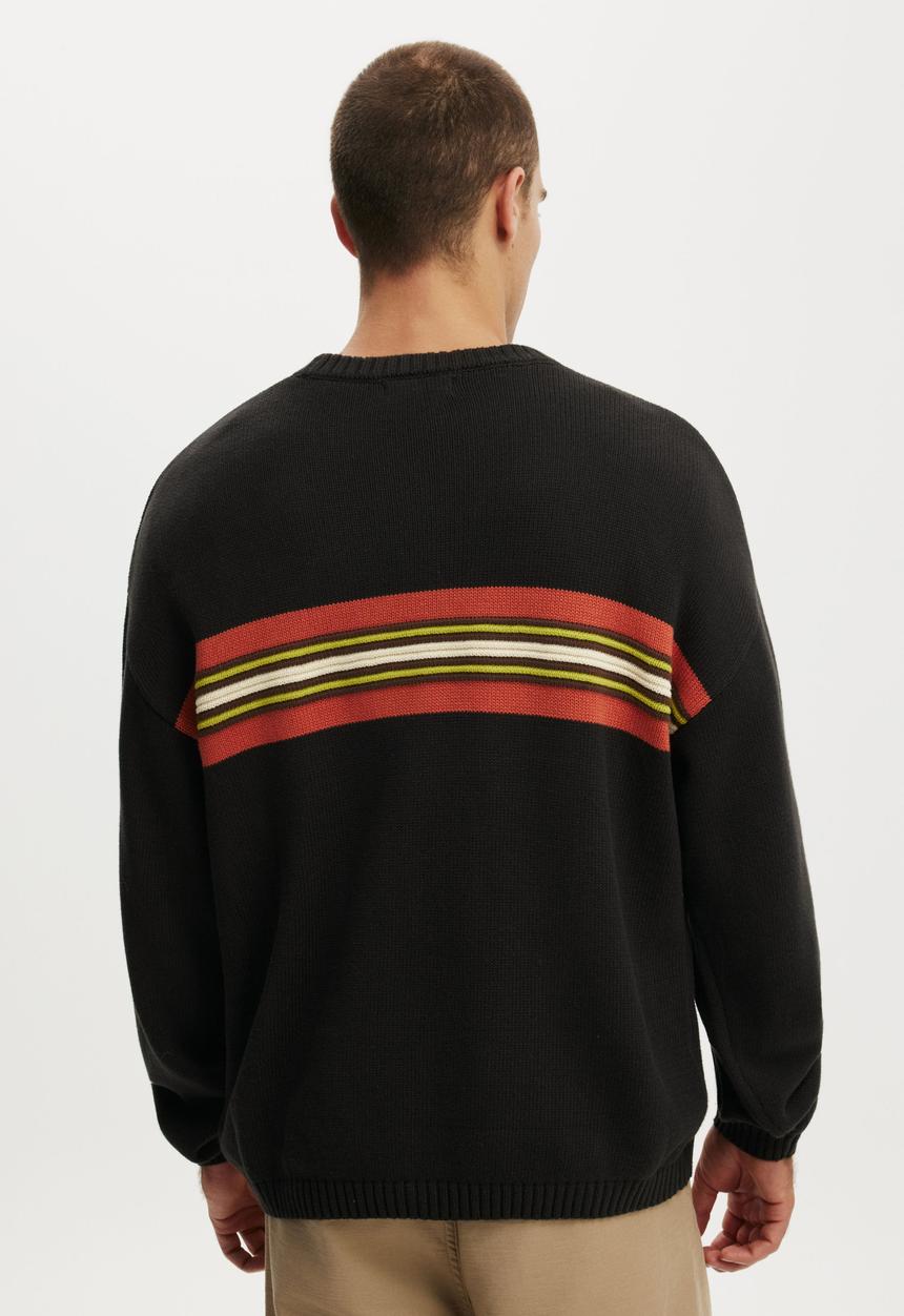 Cotton On - Panelled Crew Knit - Black / Stripe Panel