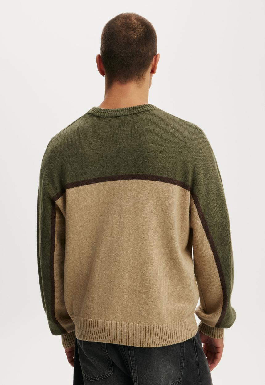 Cotton On - Panelled Crew Knit - Khaki / Splice