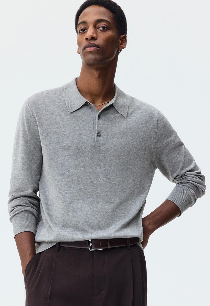 H&M - Regular fit fine-knit polo shirt - grey marl