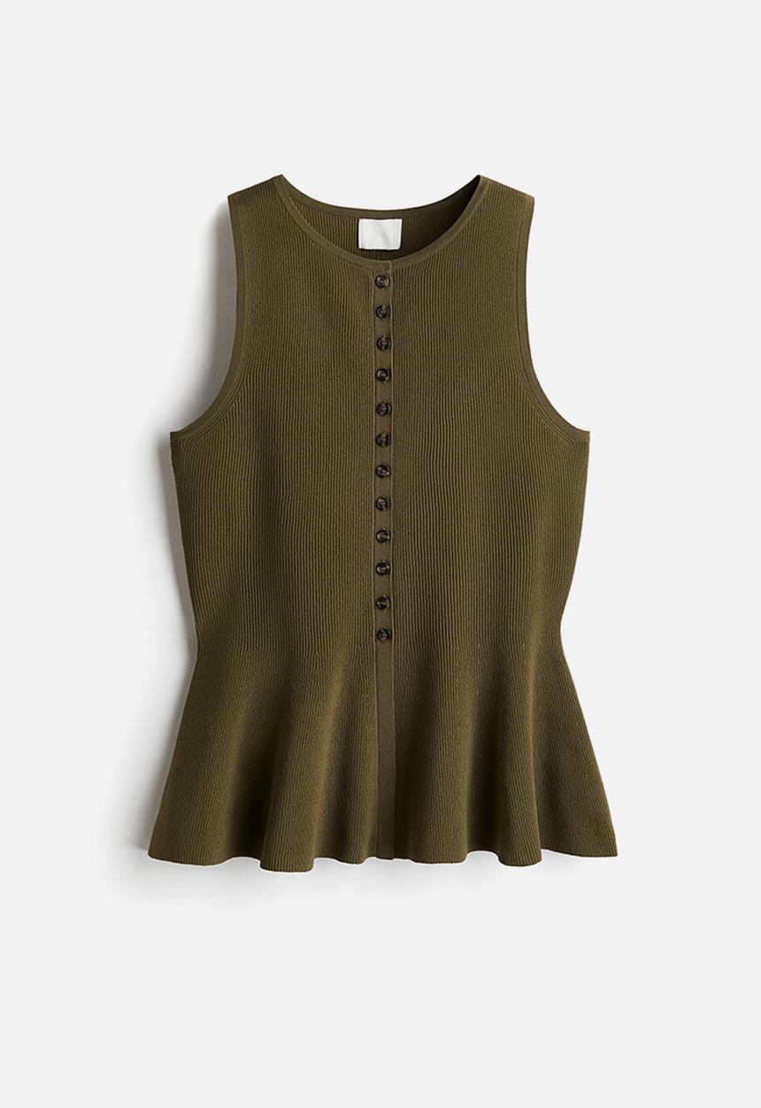 H&M - Rib-knit peplum waistcoat - dark khaki green