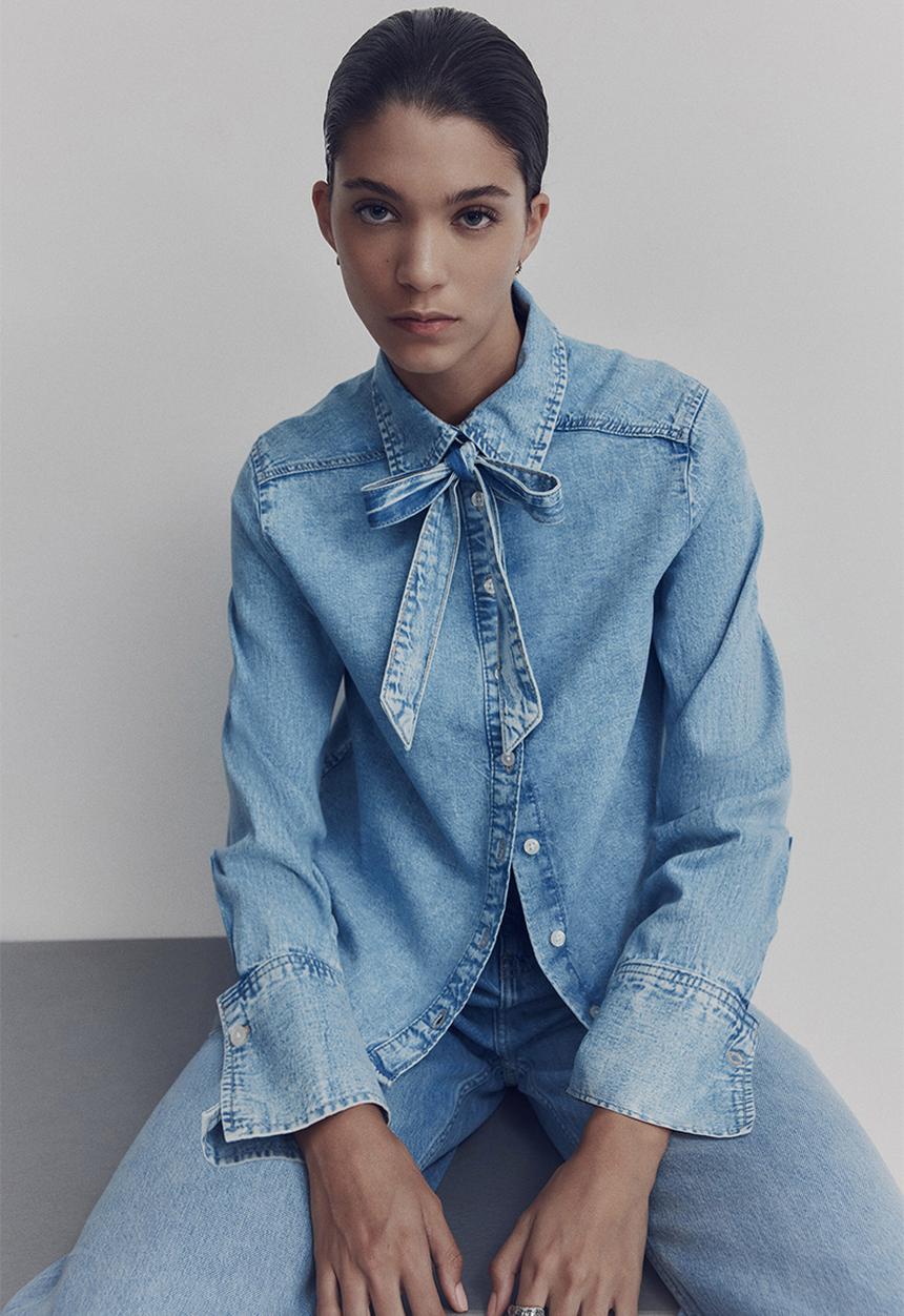 H&M - Bow-detail denim blouse - light denim blue