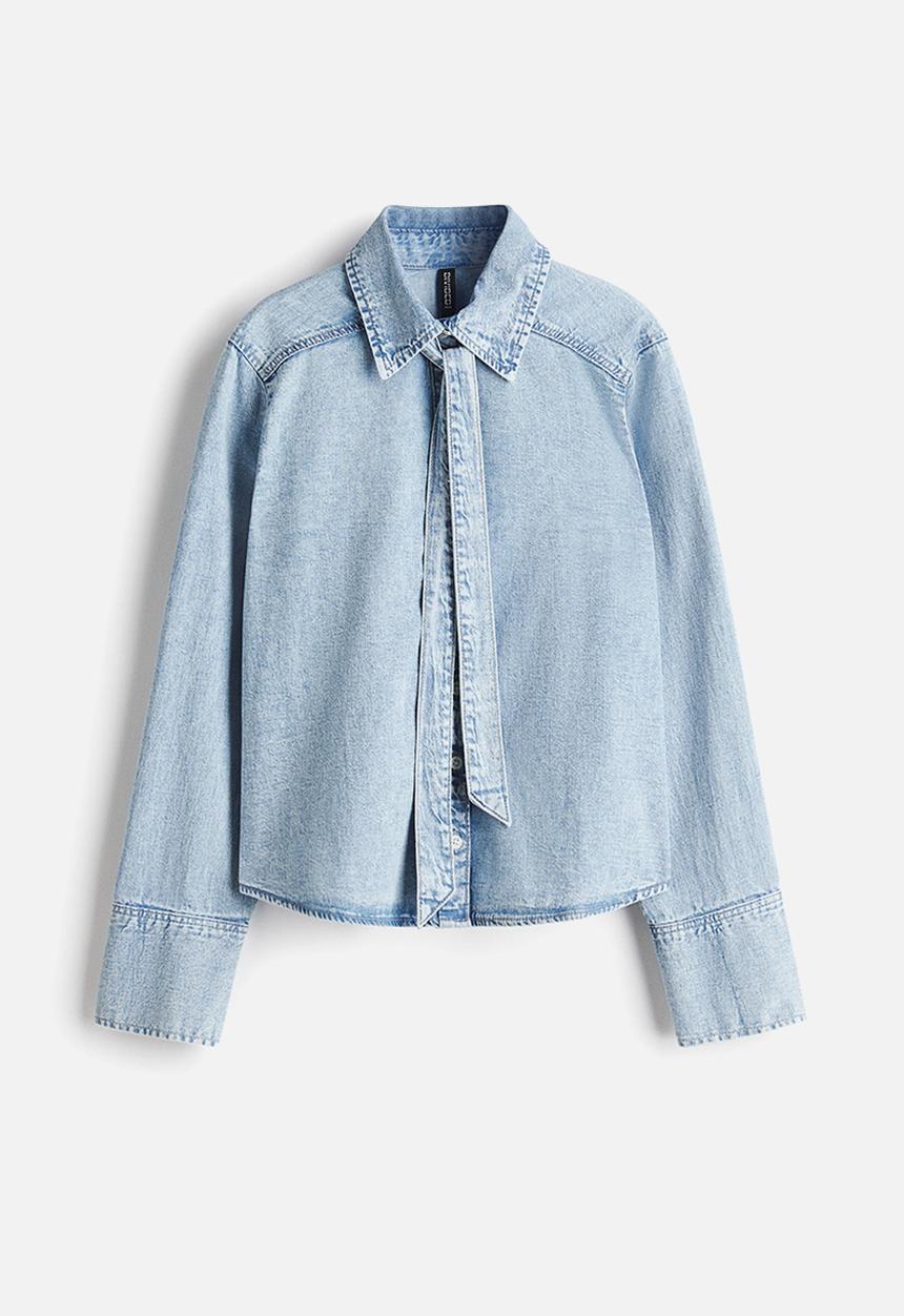 H&M - Bow-detail denim blouse - light denim blue