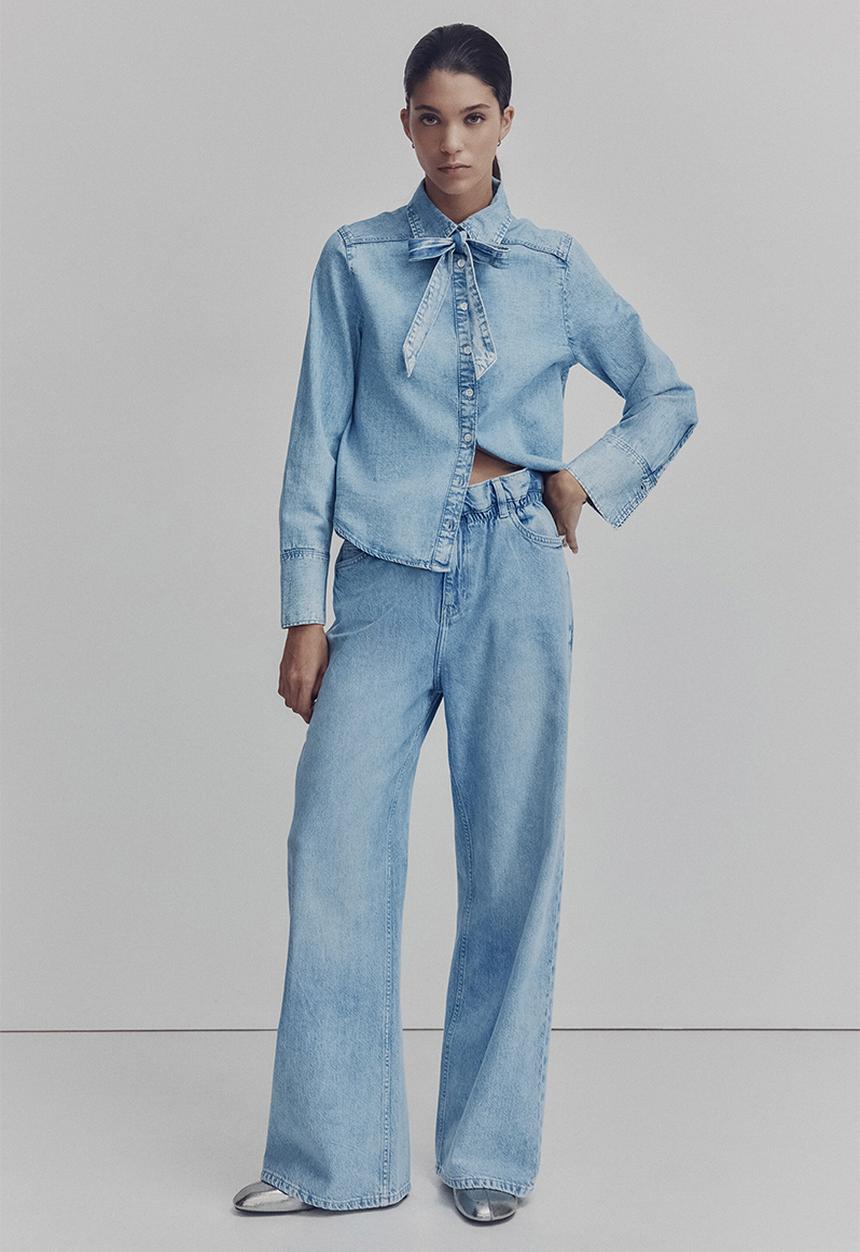 H&M - Bow-detail denim blouse - light denim blue