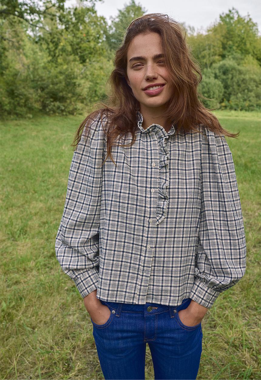 H&M - Frill-collared cotton blouse - cream/checked