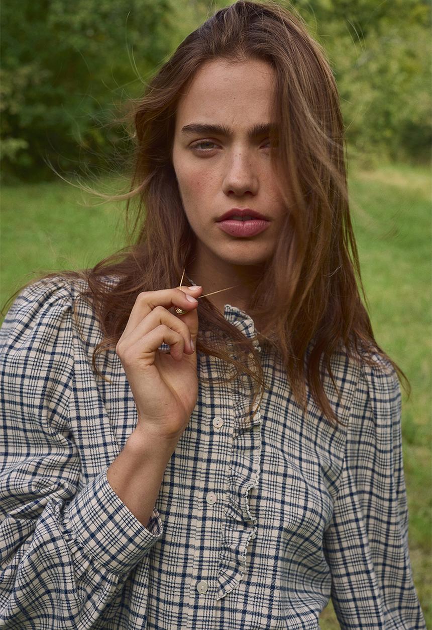 H&M - Frill-collared cotton blouse - cream/checked