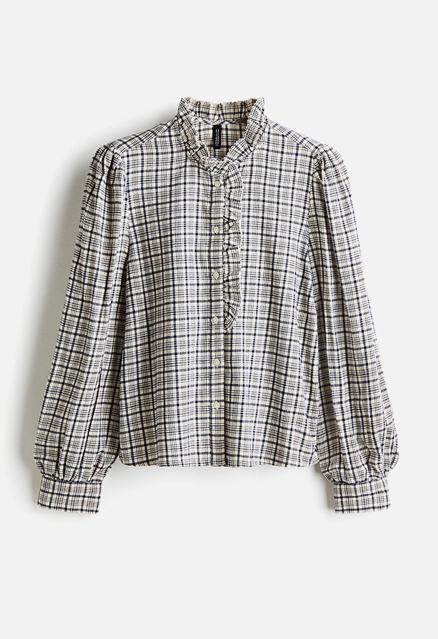 H&M - Frill-collared cotton blouse - cream/checked