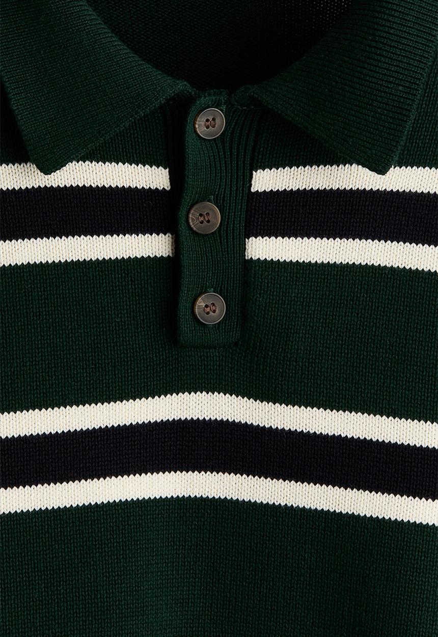 Loose fit knitted polo shirt - dark green/striped - 1307281002