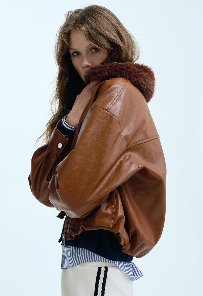 Fluffy-collared jacket - brown - 1309693002