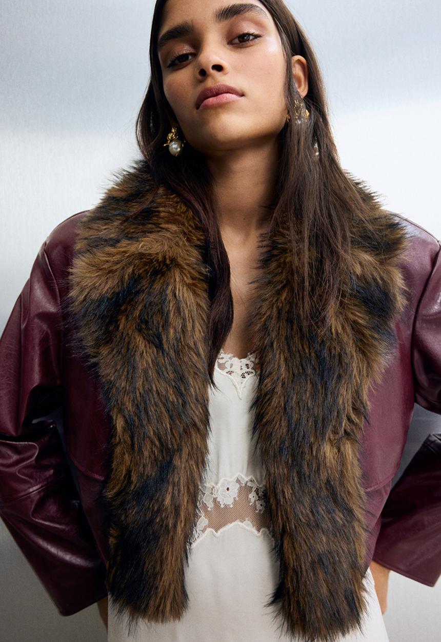 H&M - Cropped coated jacket - burgundy/brown