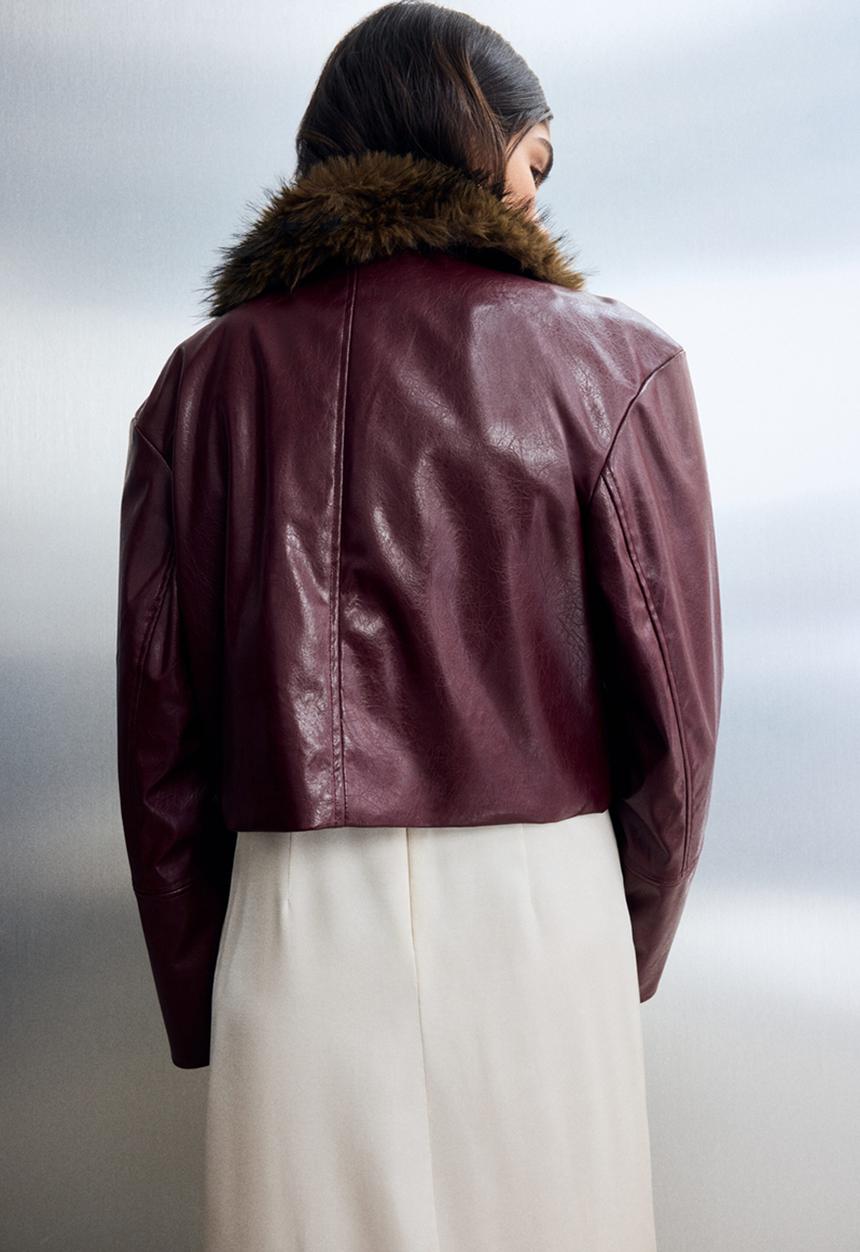 H&M - Cropped coated jacket - burgundy/brown