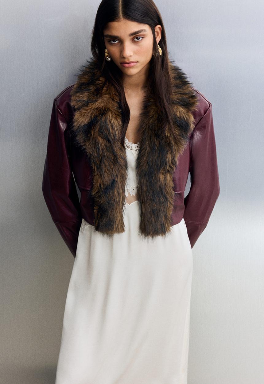H&M - Cropped coated jacket - burgundy/brown