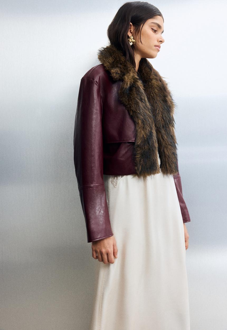H&M - Cropped coated jacket - burgundy/brown