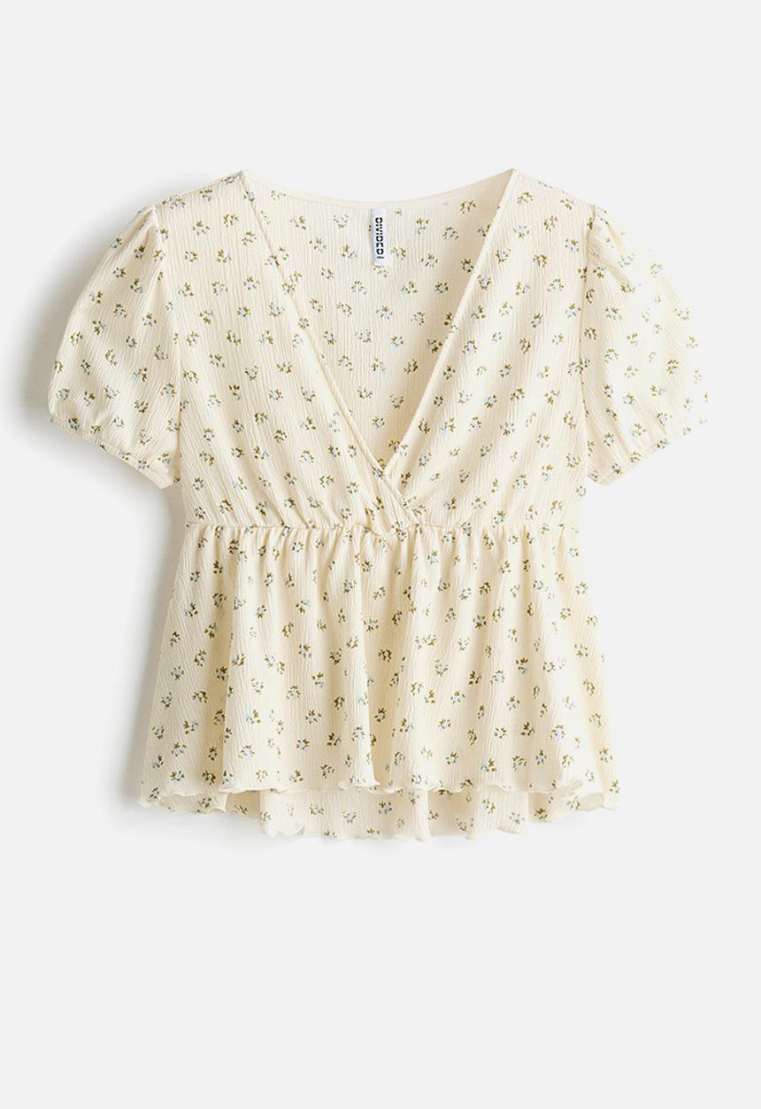 H&M - Crinkled jersey top - cream/floral