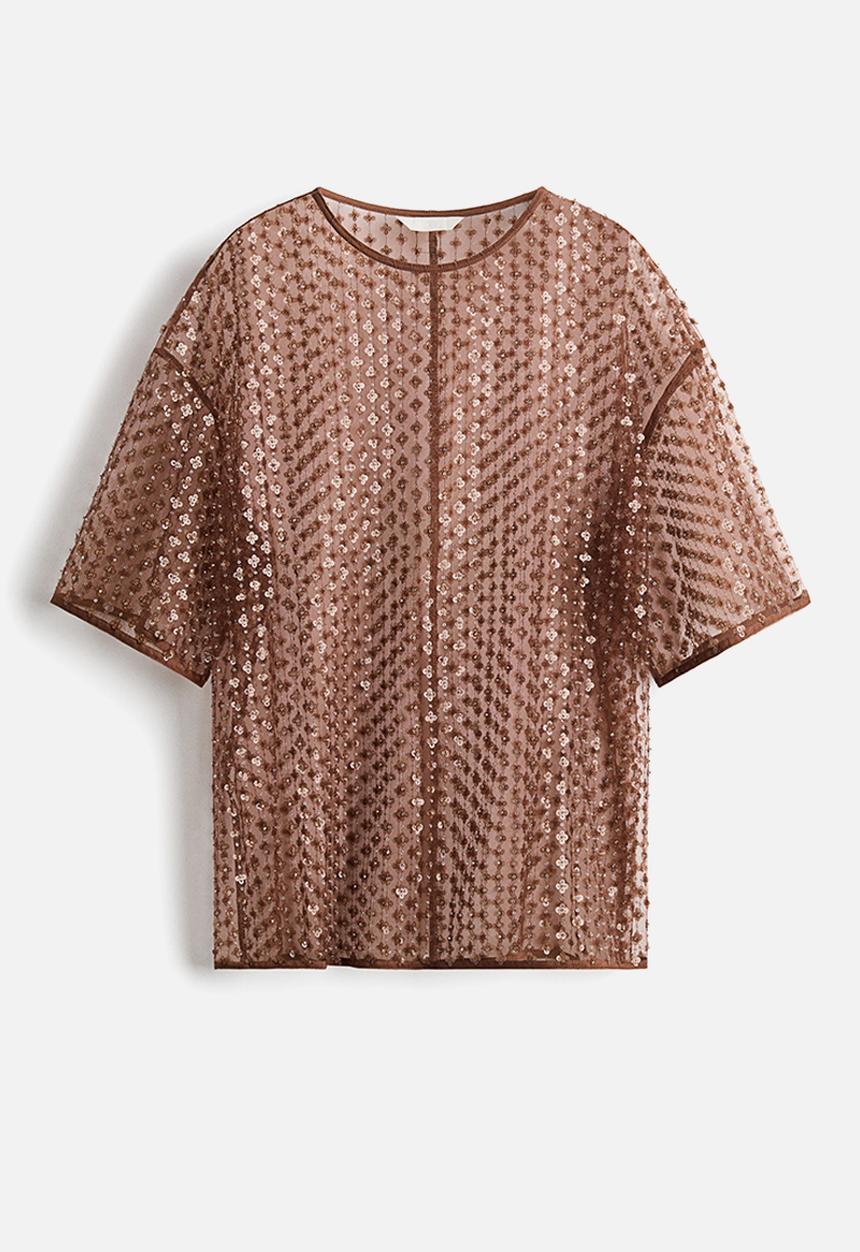 H&M - Sequined mesh top - dusty brown