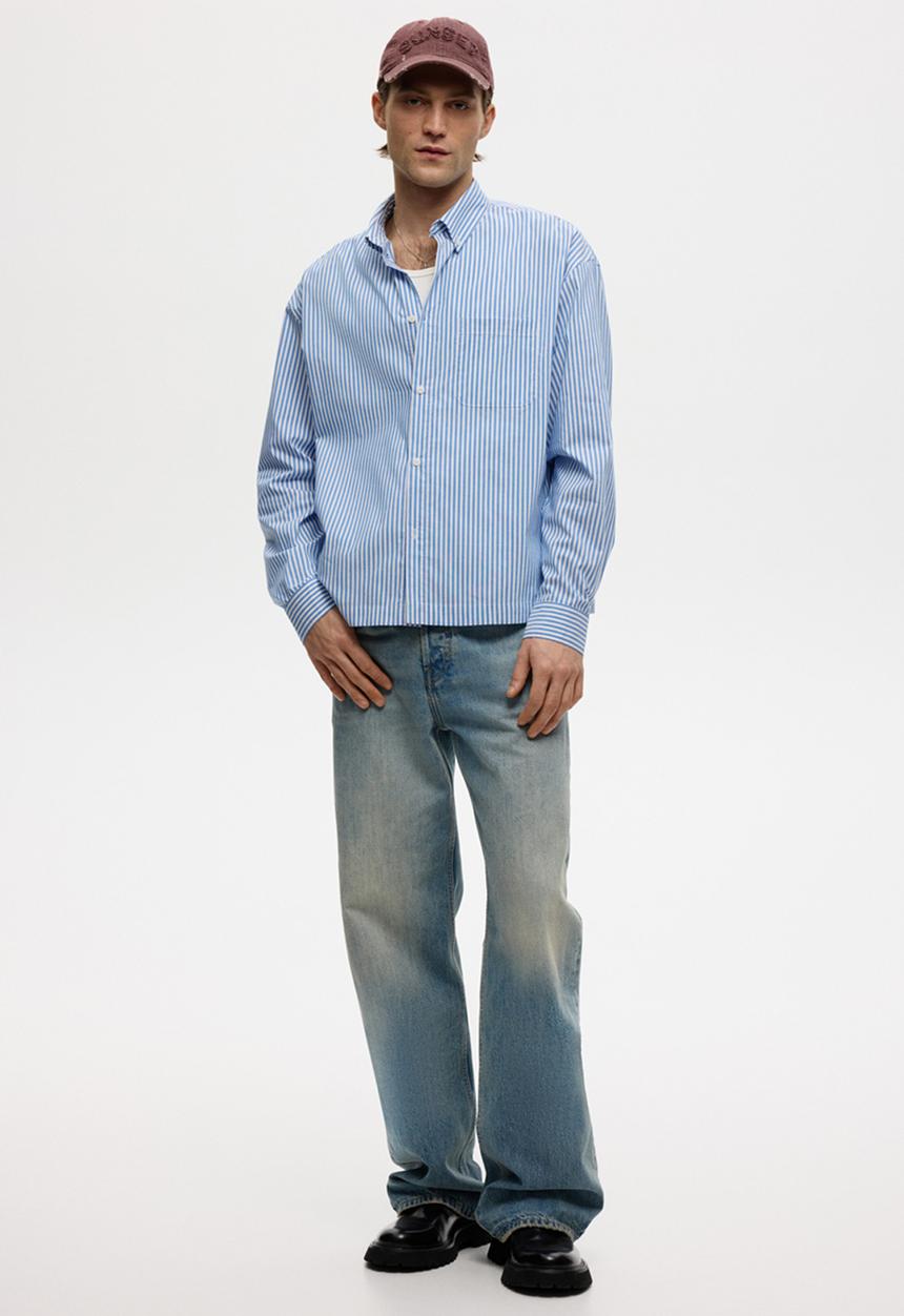 H&M - Relaxed fit cotton shirt - light blue/striped