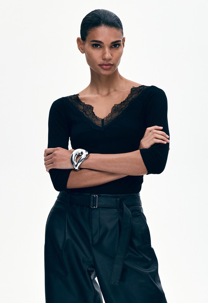 Lace-trimmed rib-knit top - black - 1335037001